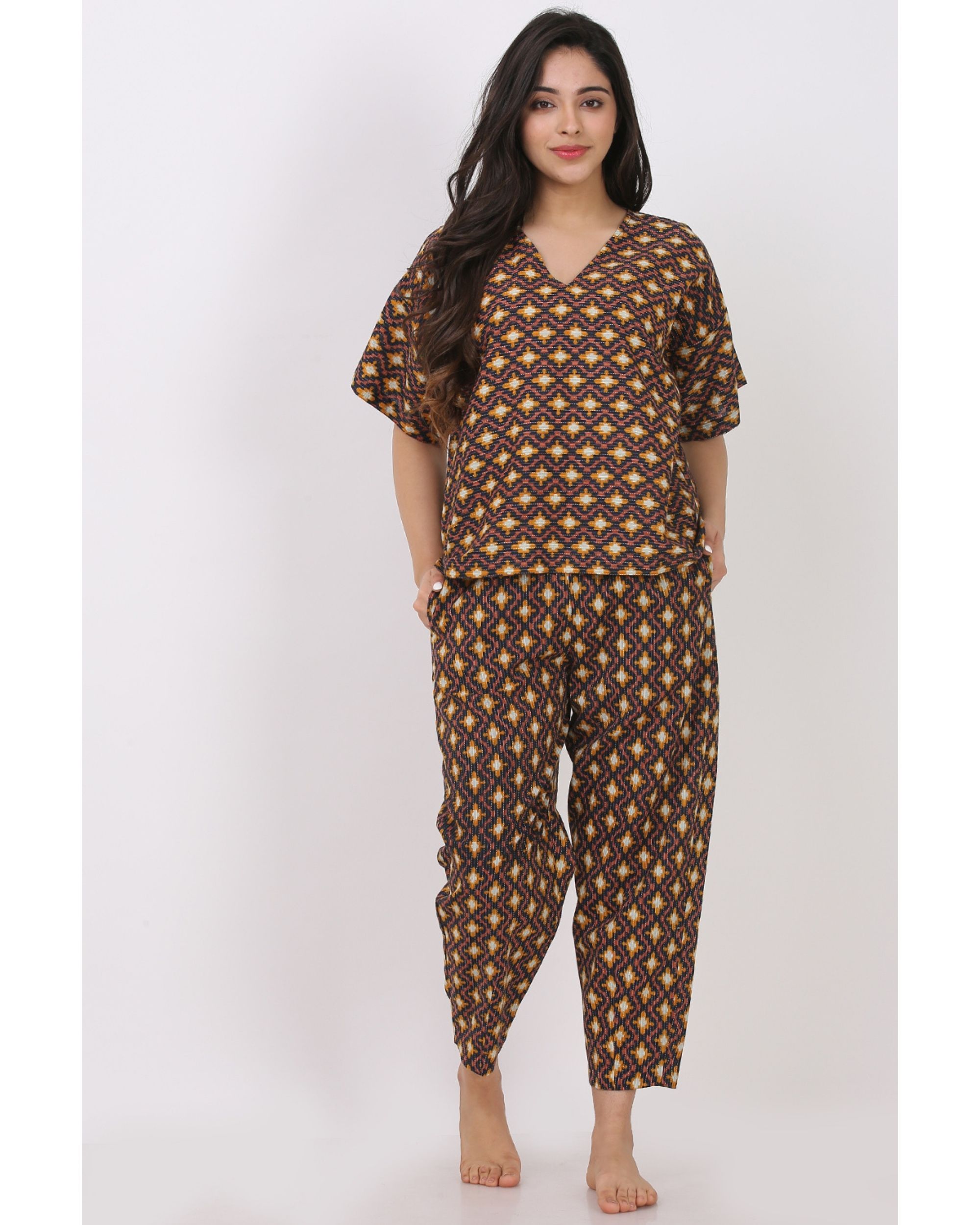 Mustard geometric printed top with pants - set of two