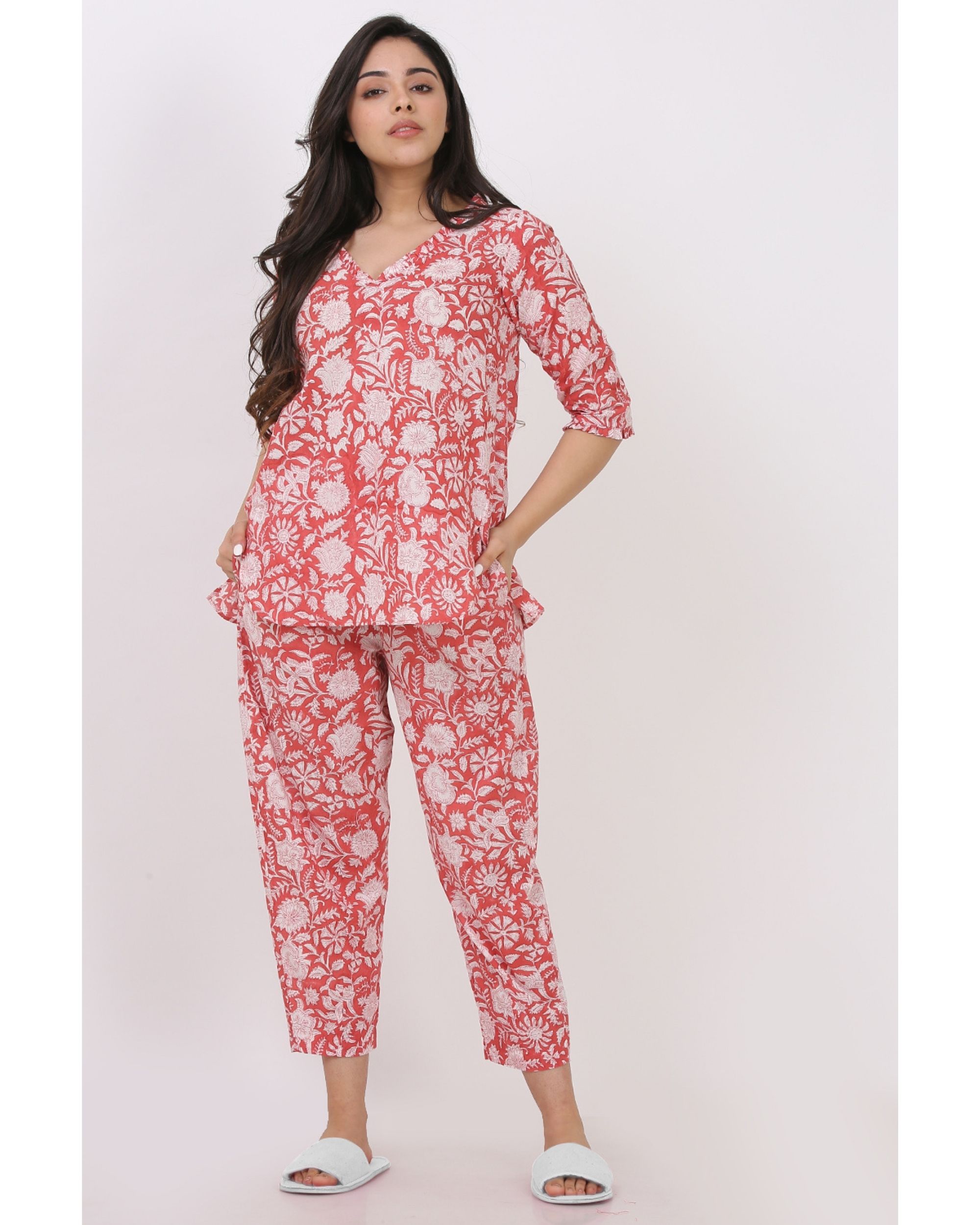 Coral pink floral printed top with pants - set of two