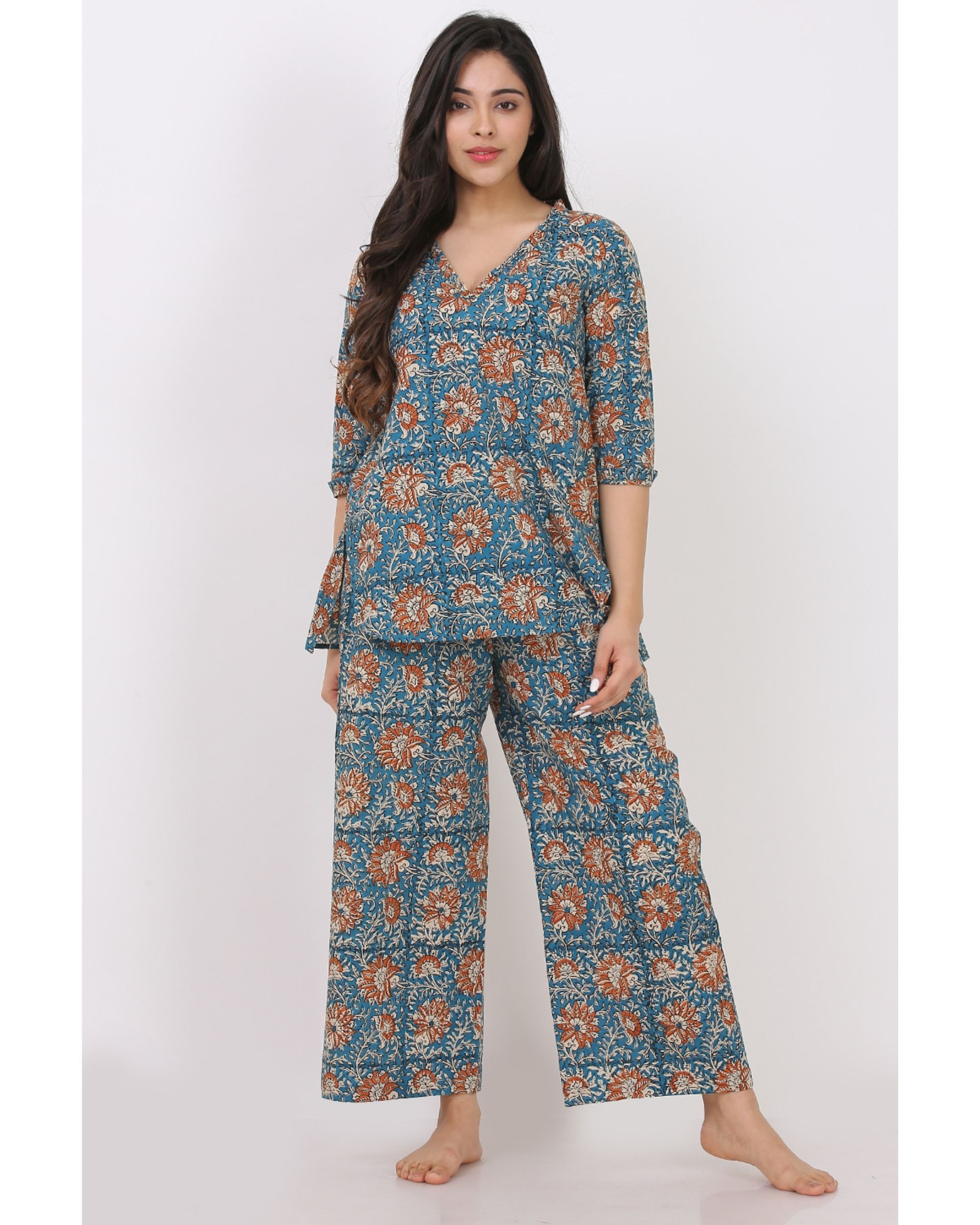 Blue floral printed top with pants - set of two