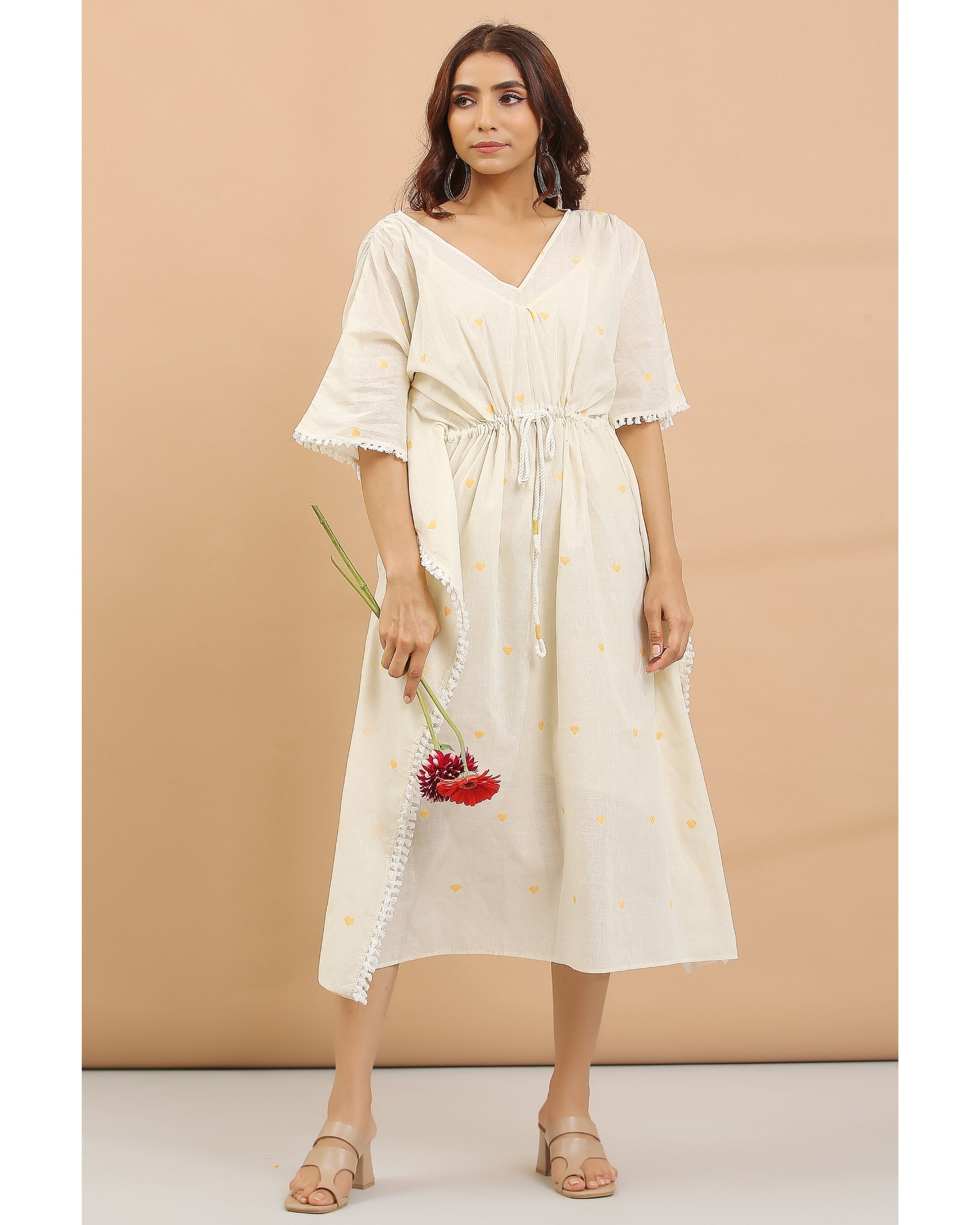 Off white kaftan with yellow hearts with inner - set of two
