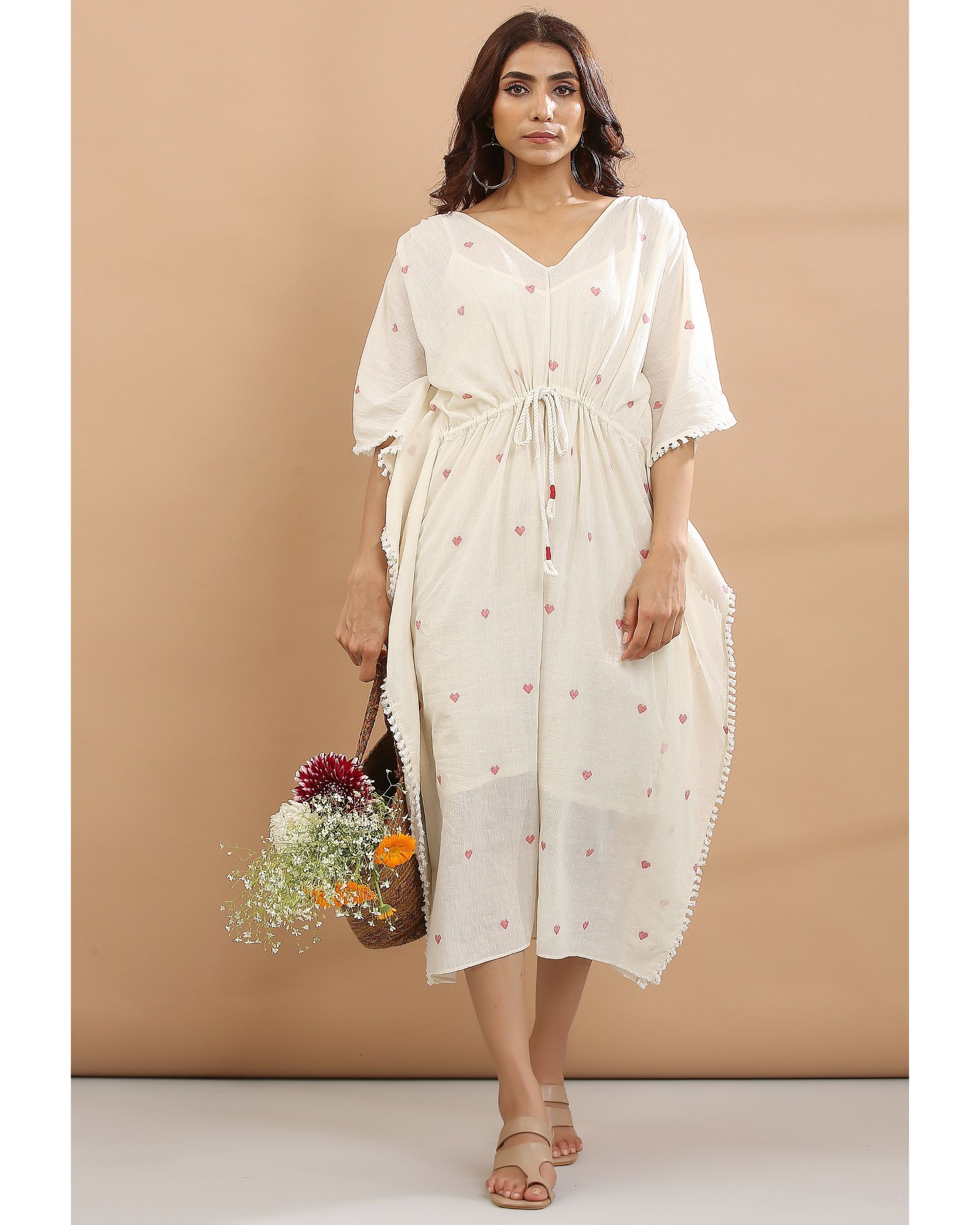 Off white kaftan with red hearts with inner - set of two