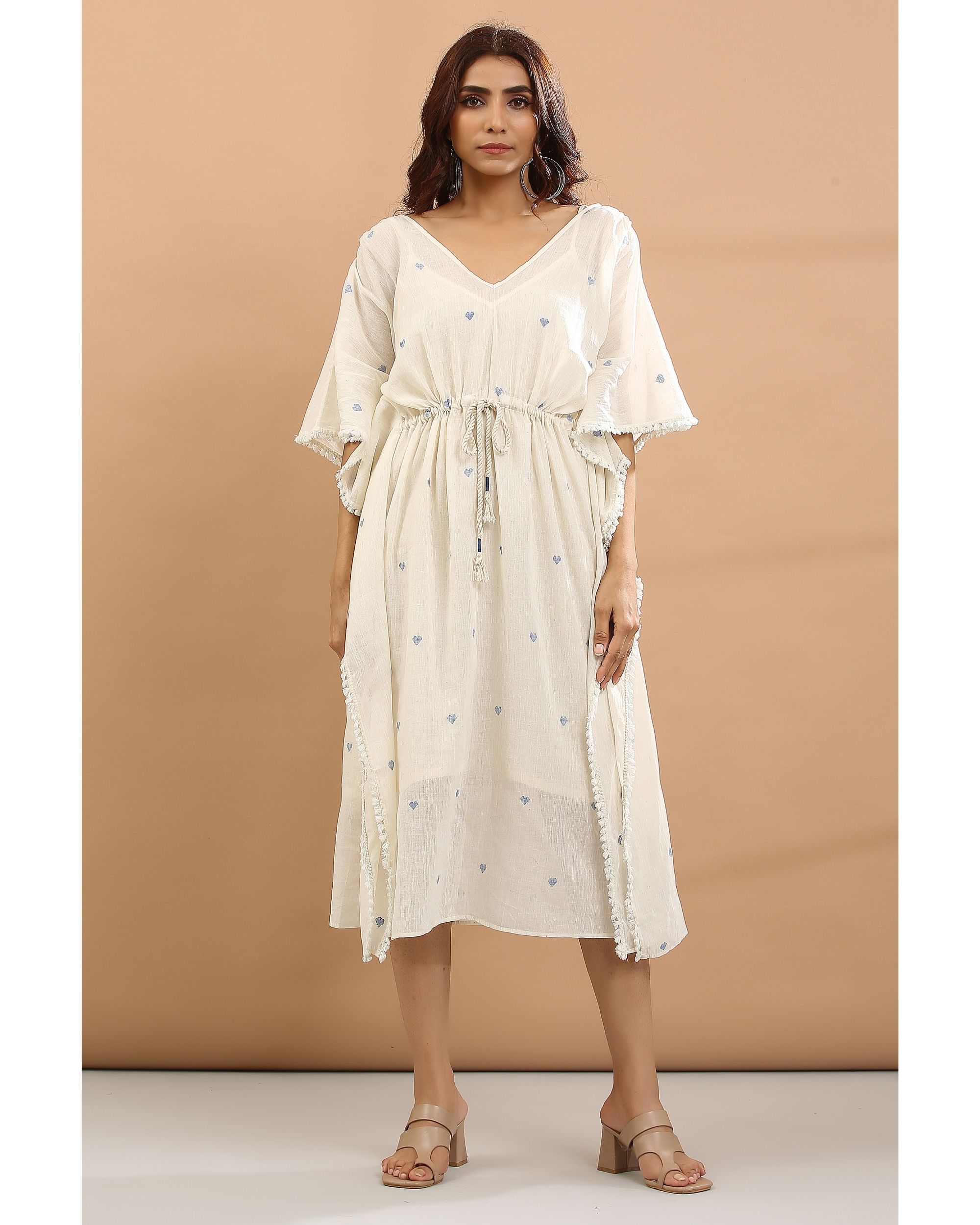 Off white kaftan with blue hearts with inner - set of two