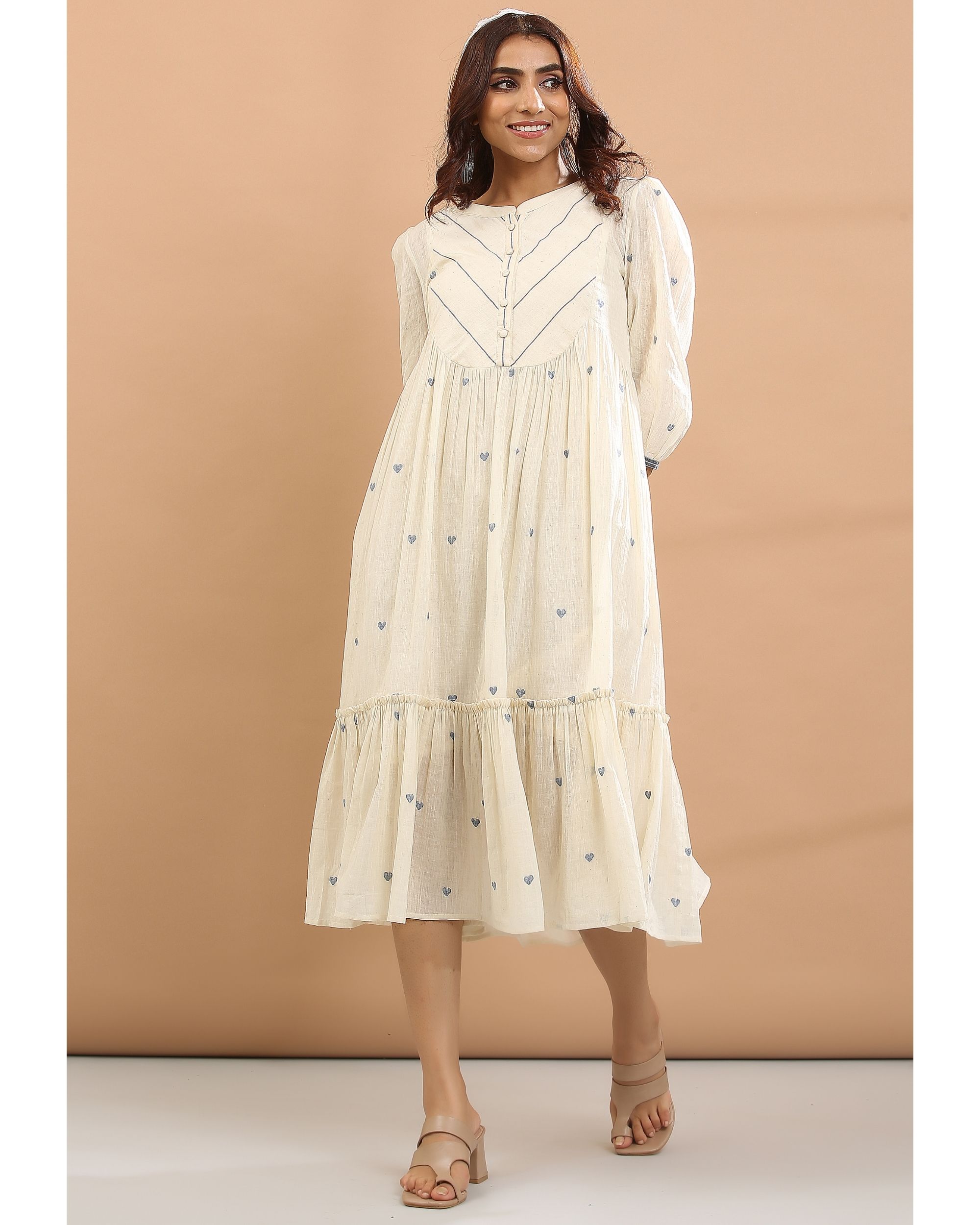 Off white and blue hearts striped midi dress with inner - set of two