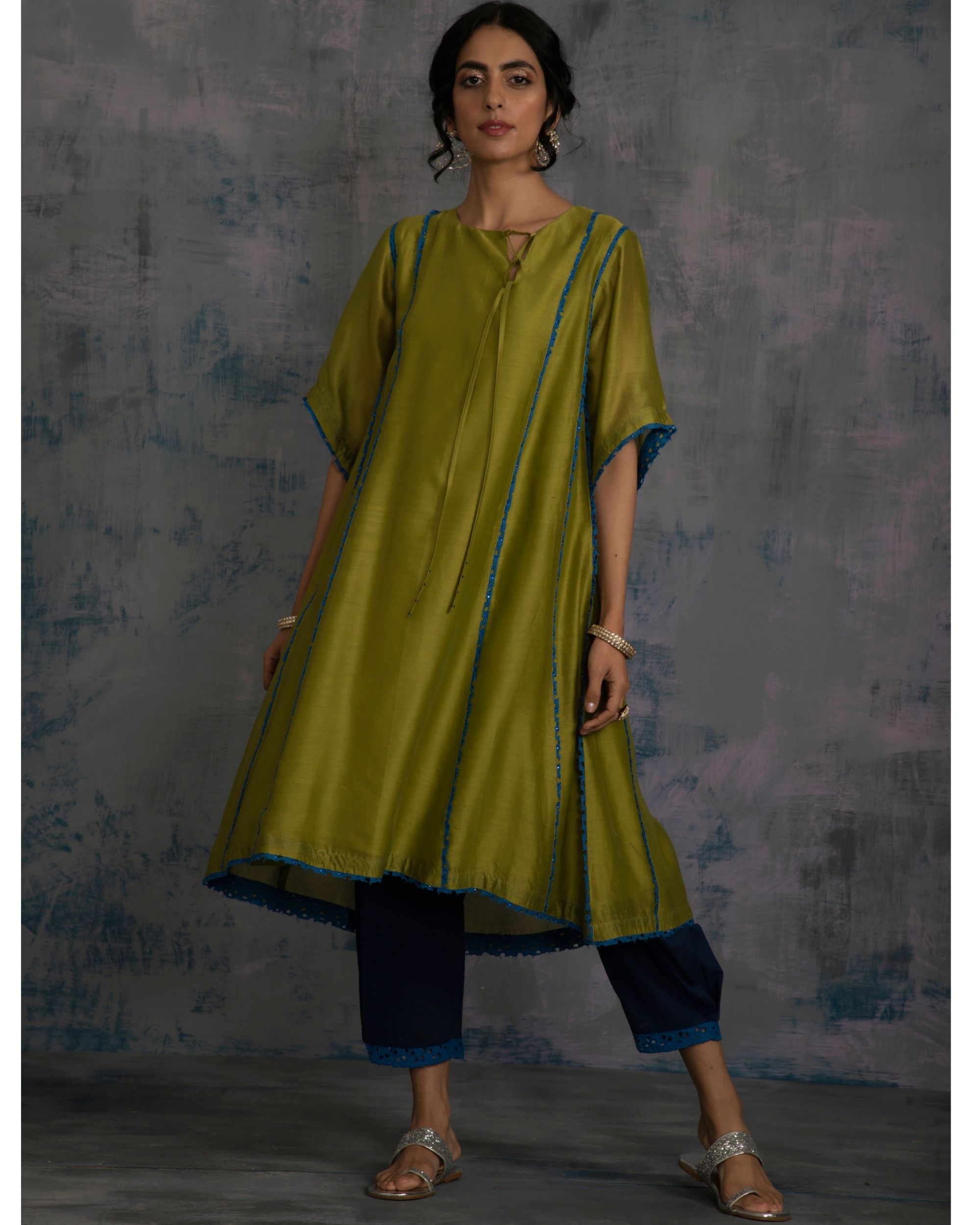 Berry green tie-up chanderi kurta with egyptian blue  side pleated salwar - set of two