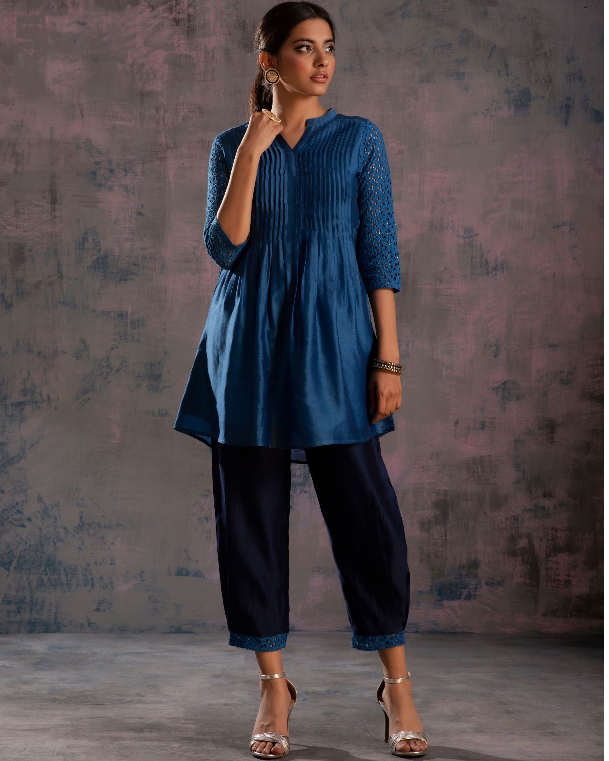 Blue pintuck kurti with side pleated salwar   set of two