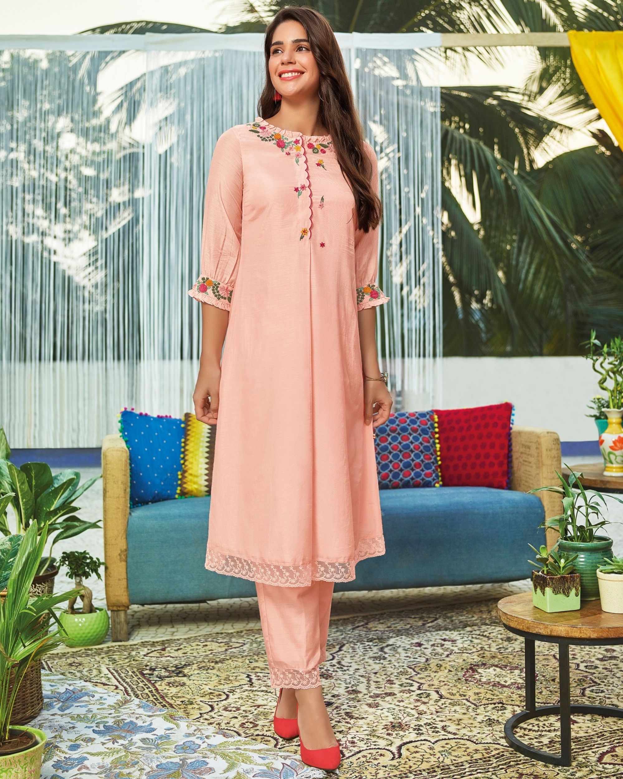 Buy ANUBHUTEE Baby Pink Womens Peach-Coloured & Pink Printed Kurta with  Trousers | Shoppers Stop