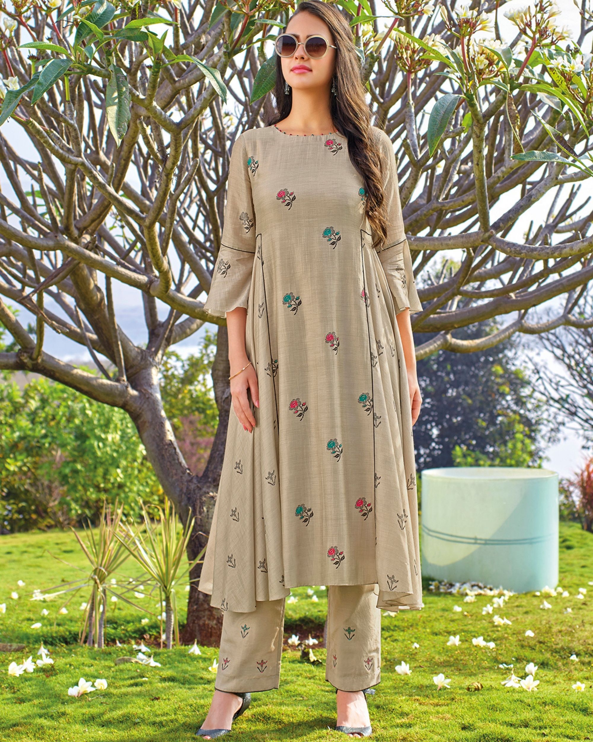 Beige digital printed hand embroidered kurta with pants - set of two