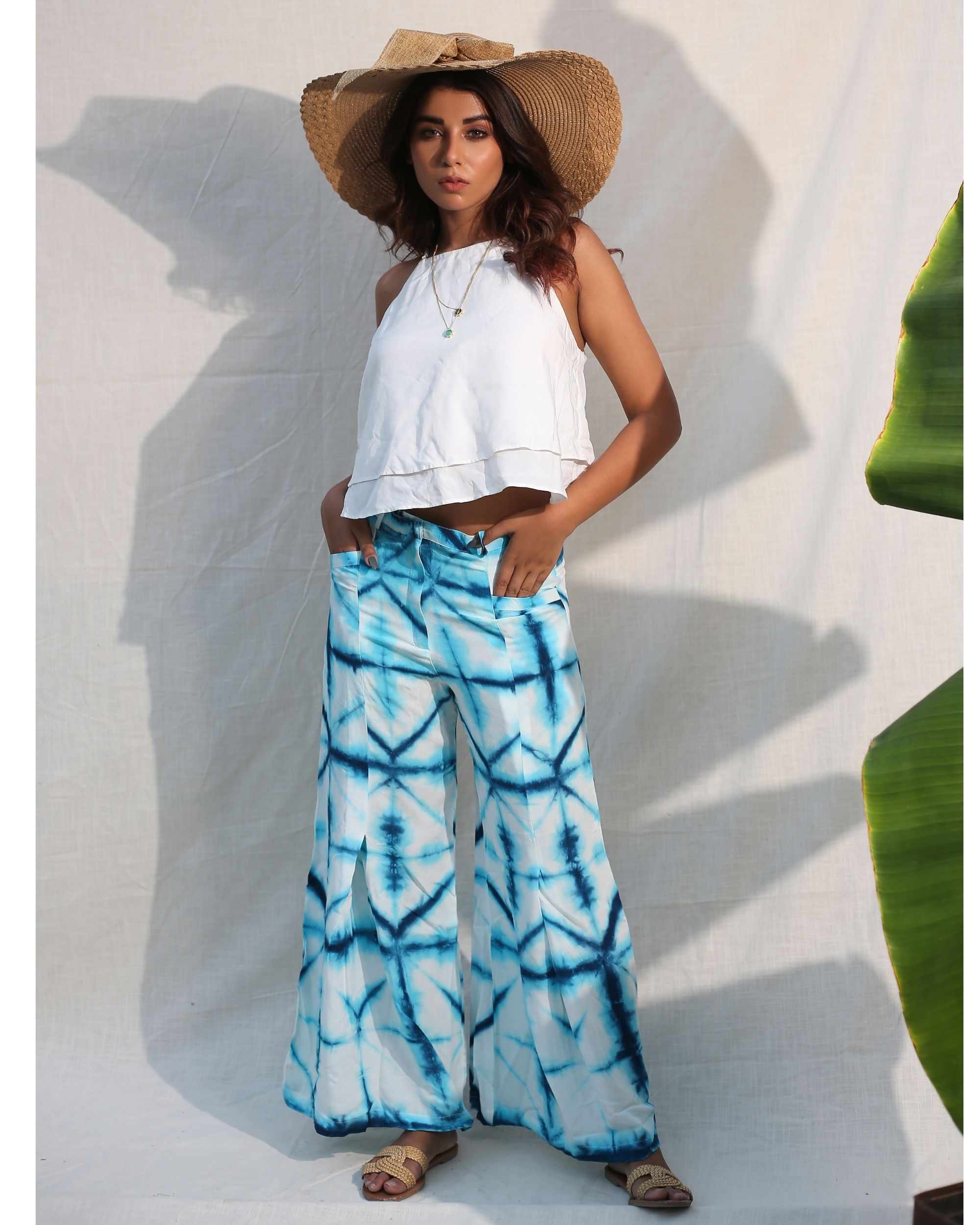 Blue and white bell bottom pants