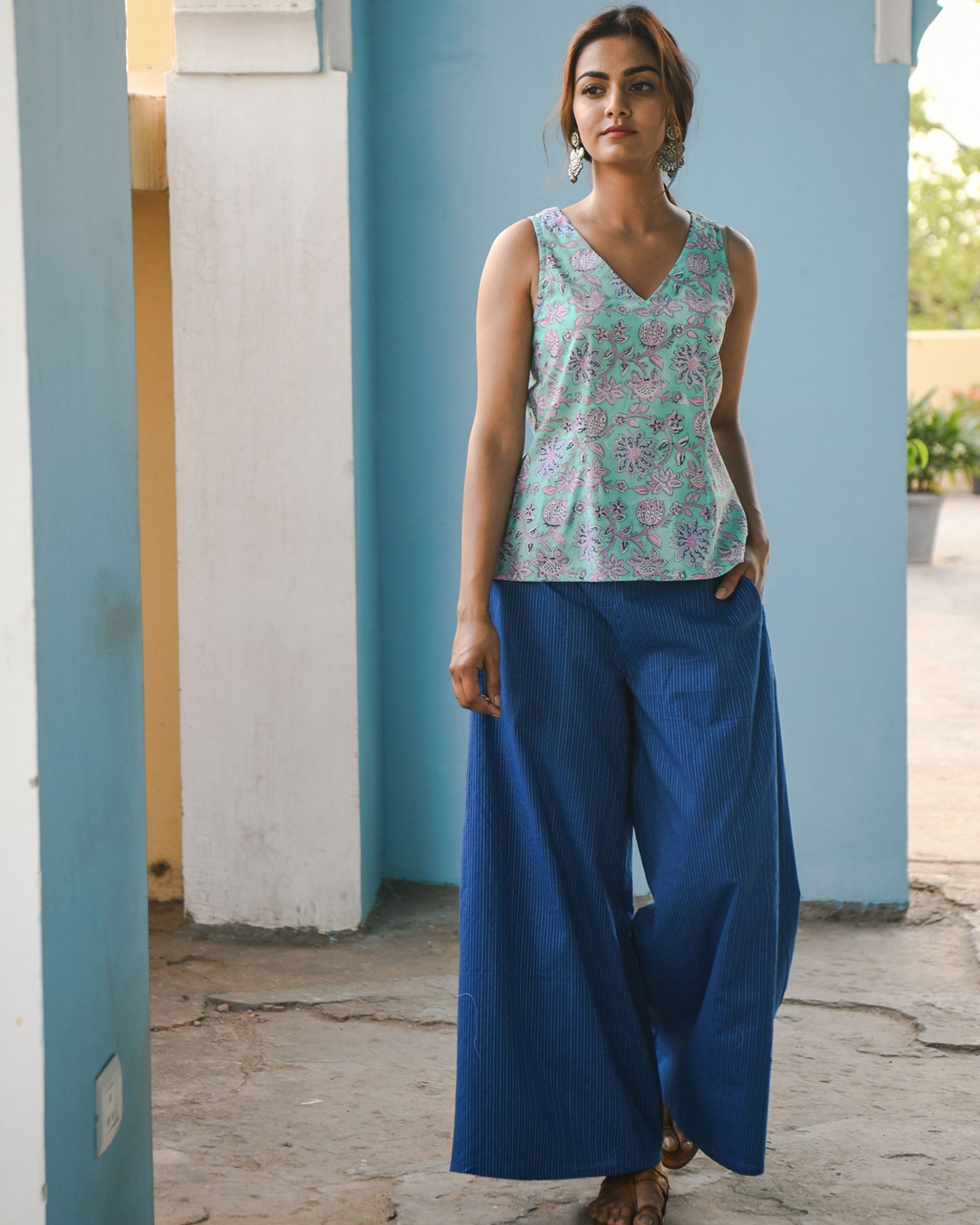 Green hand block printed top and blue flared palazzo - set of two by Gulaal