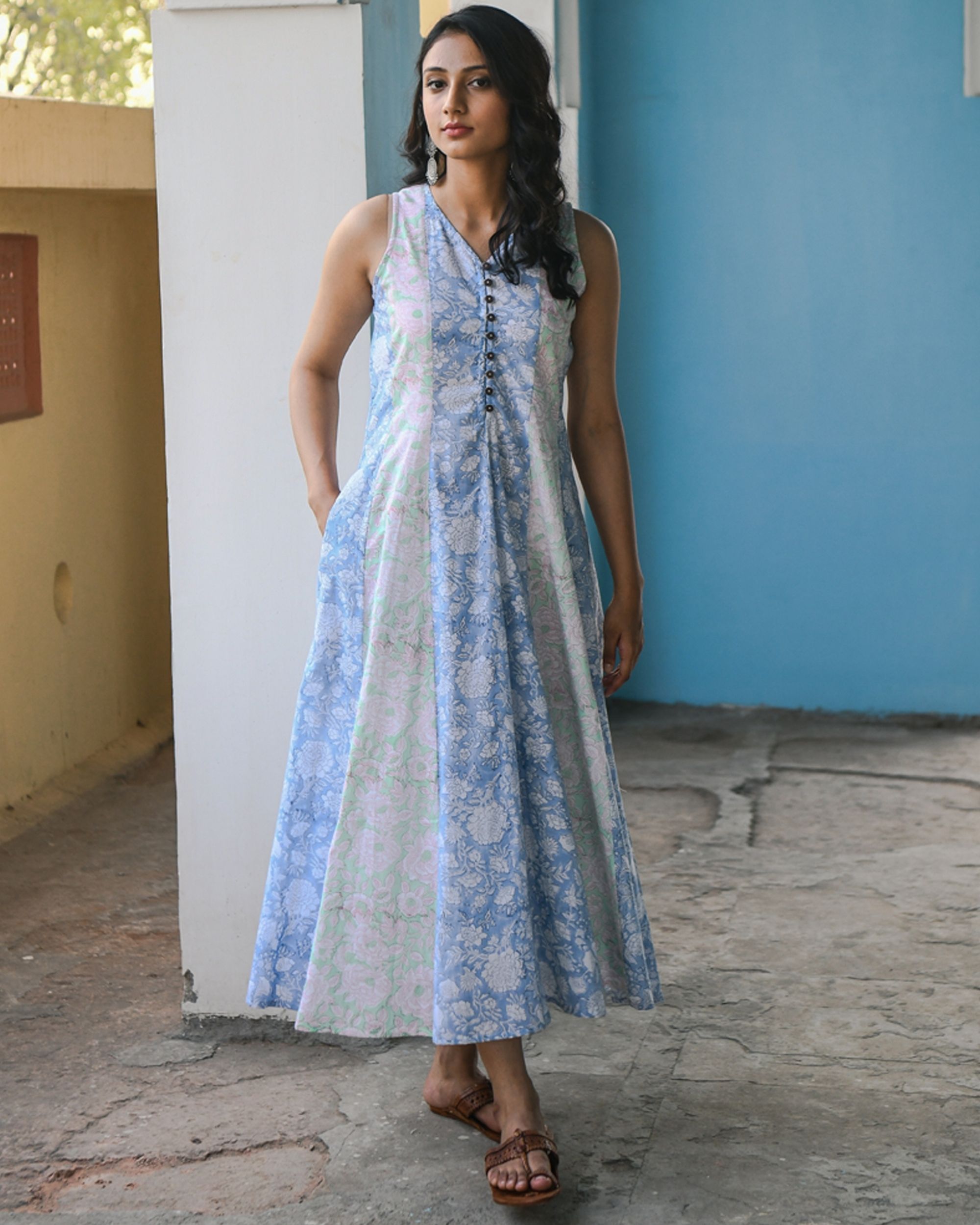 Blue and white floral paneled maxi dress by Gulaal | The Secret Label