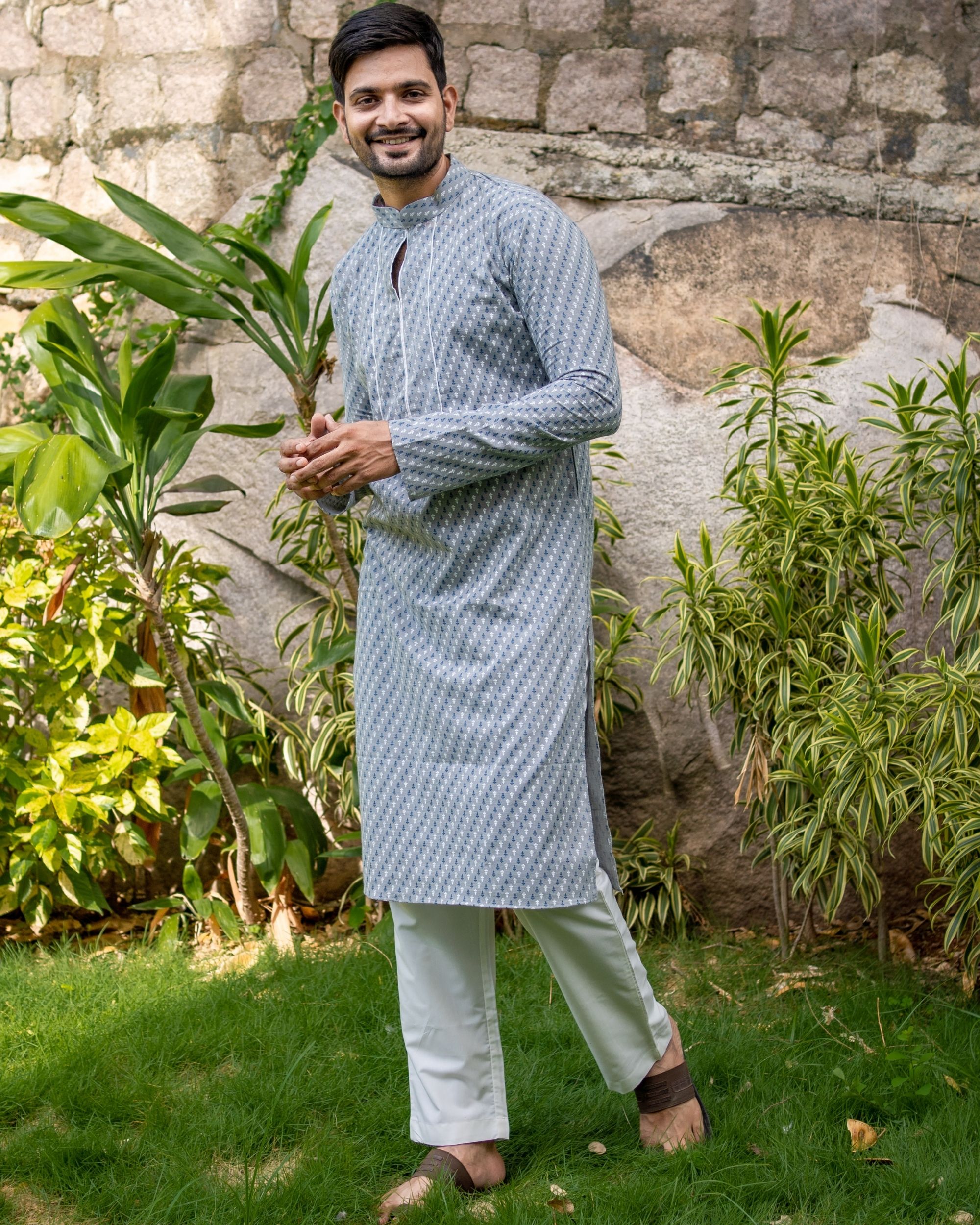 Grey and white paneled kurta with off white pants - set of two by Desi ...