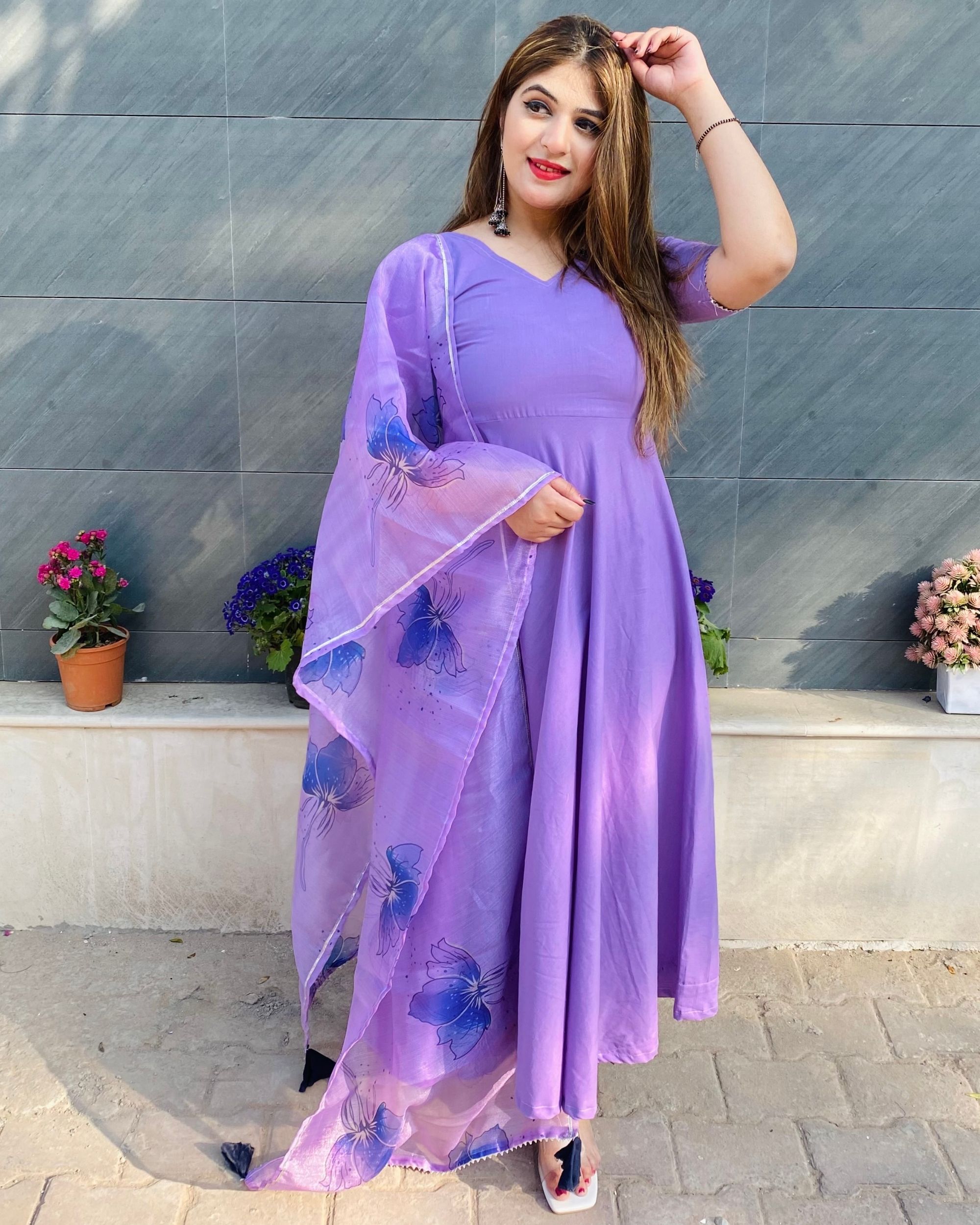 Lavender kurta and pants with orchid hand painted dupatta - set of ...