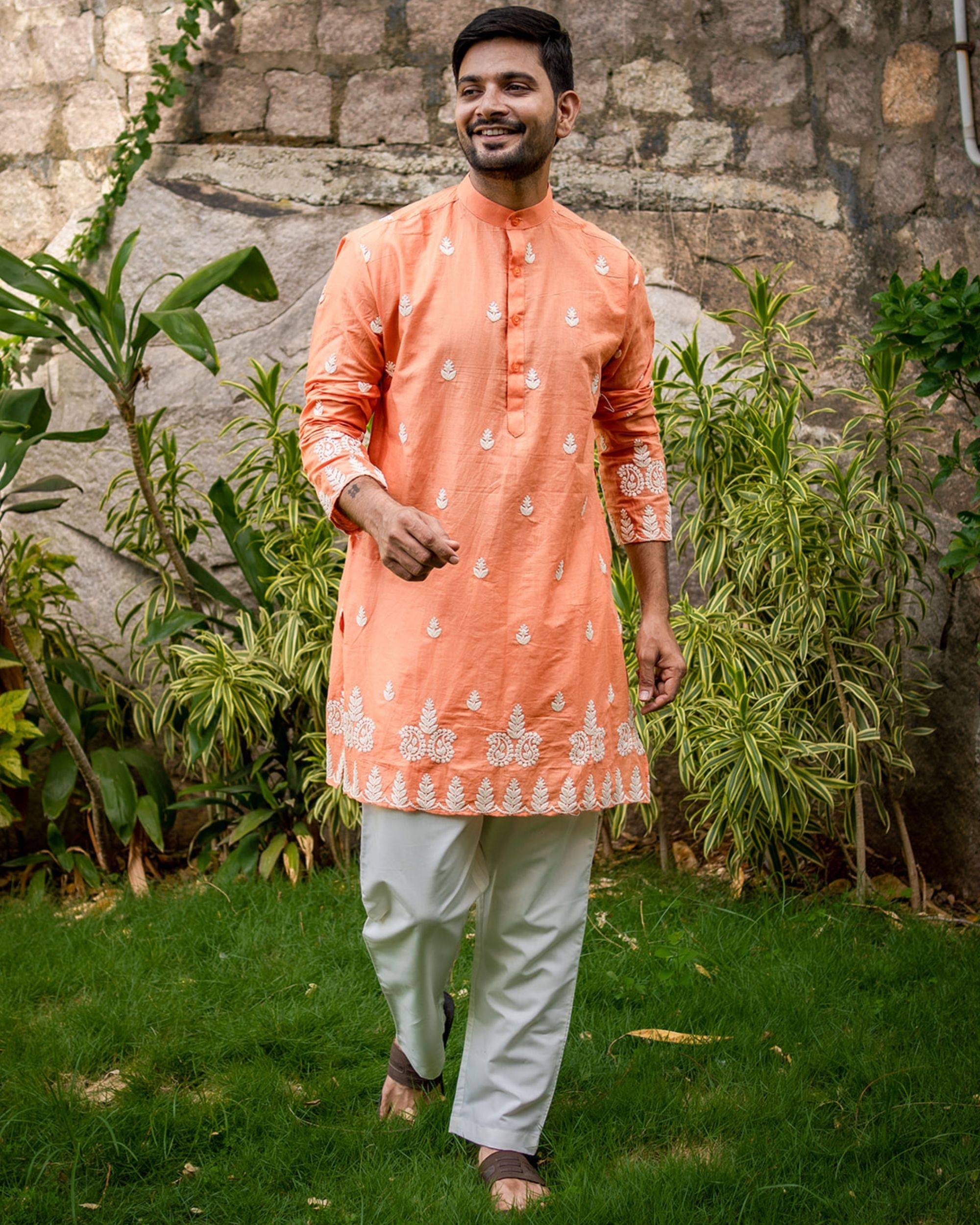 Off white and tangerine embroidered kurta and pants - Set Of Two by The  Weave Story