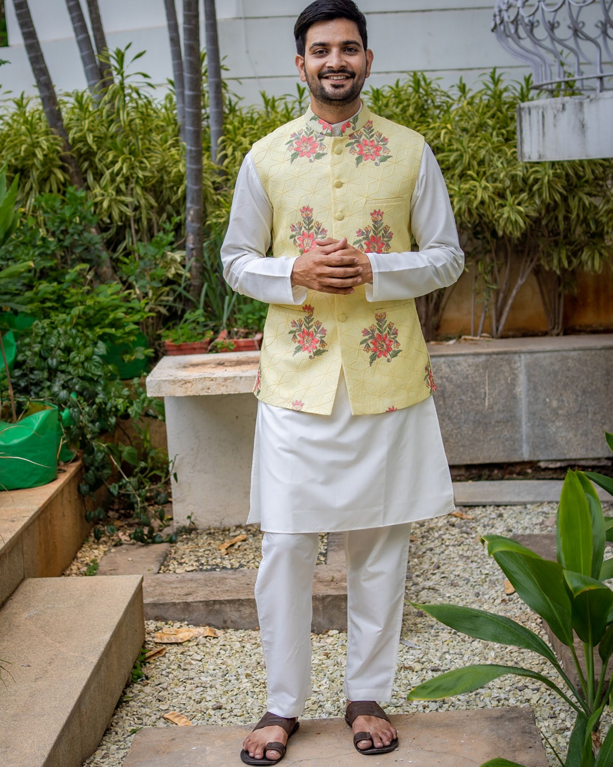 Yellow kota embroidered nehru jacket with white kurta and pyjama - set ...