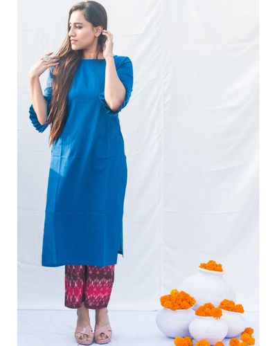 Royal Blue Kurta And Maroon Ikat Pants Set Of Two By Jaipuri Jazz The Secret Label 