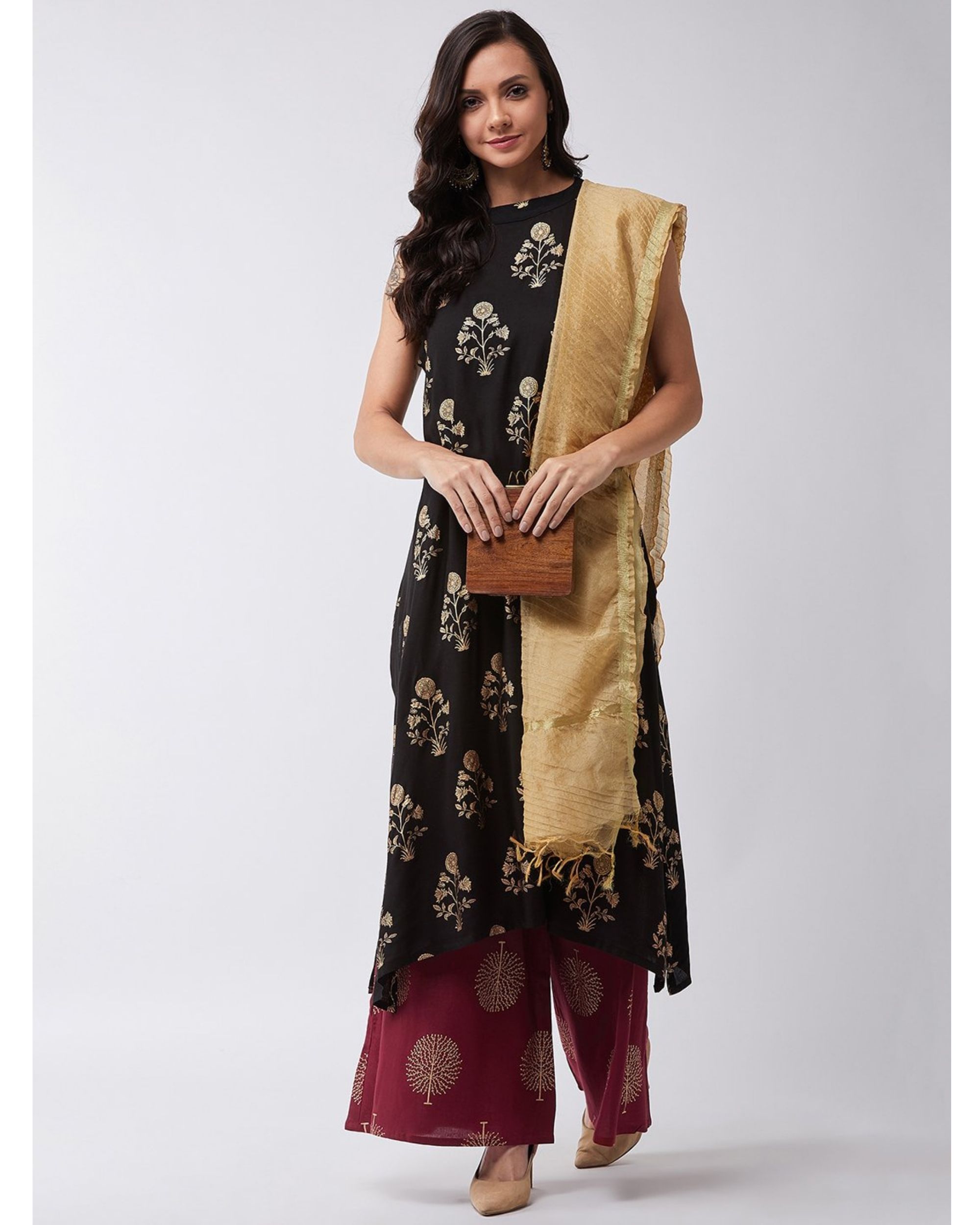 Black kurta with maroon palazzo and tassel dupatta set of three by