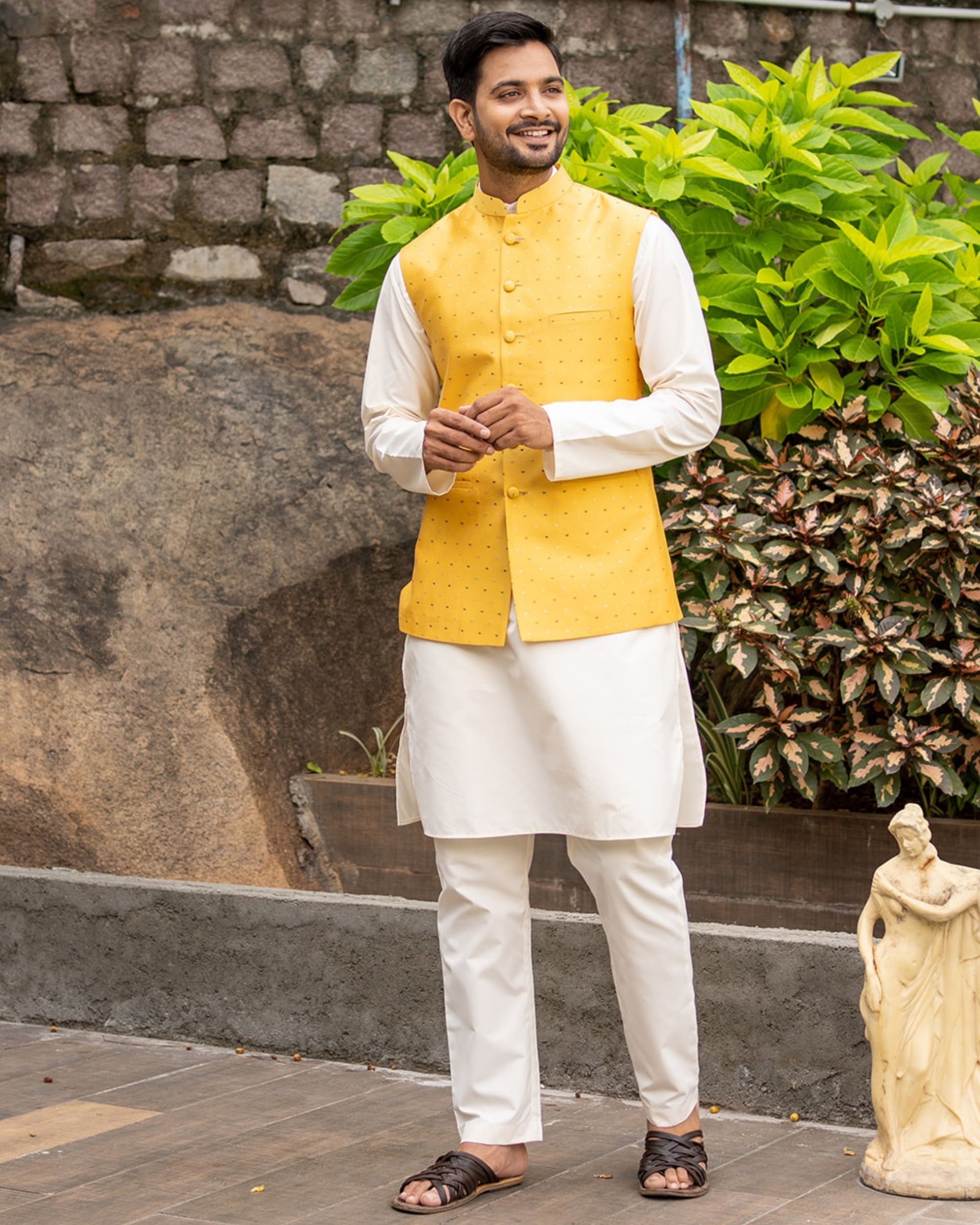Mustard silk polka dotted nehru jacket with off white kurta and pyjama - set of three