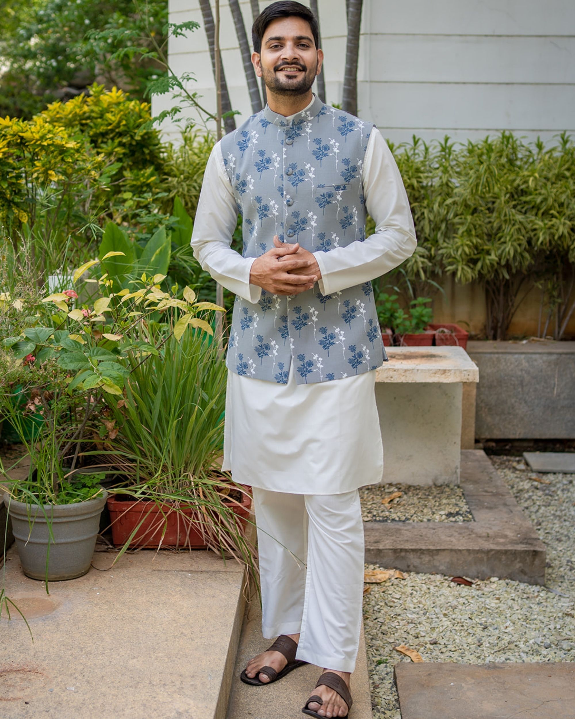 Grey flux nehru jacket with off white kurta and pyjama - set of three