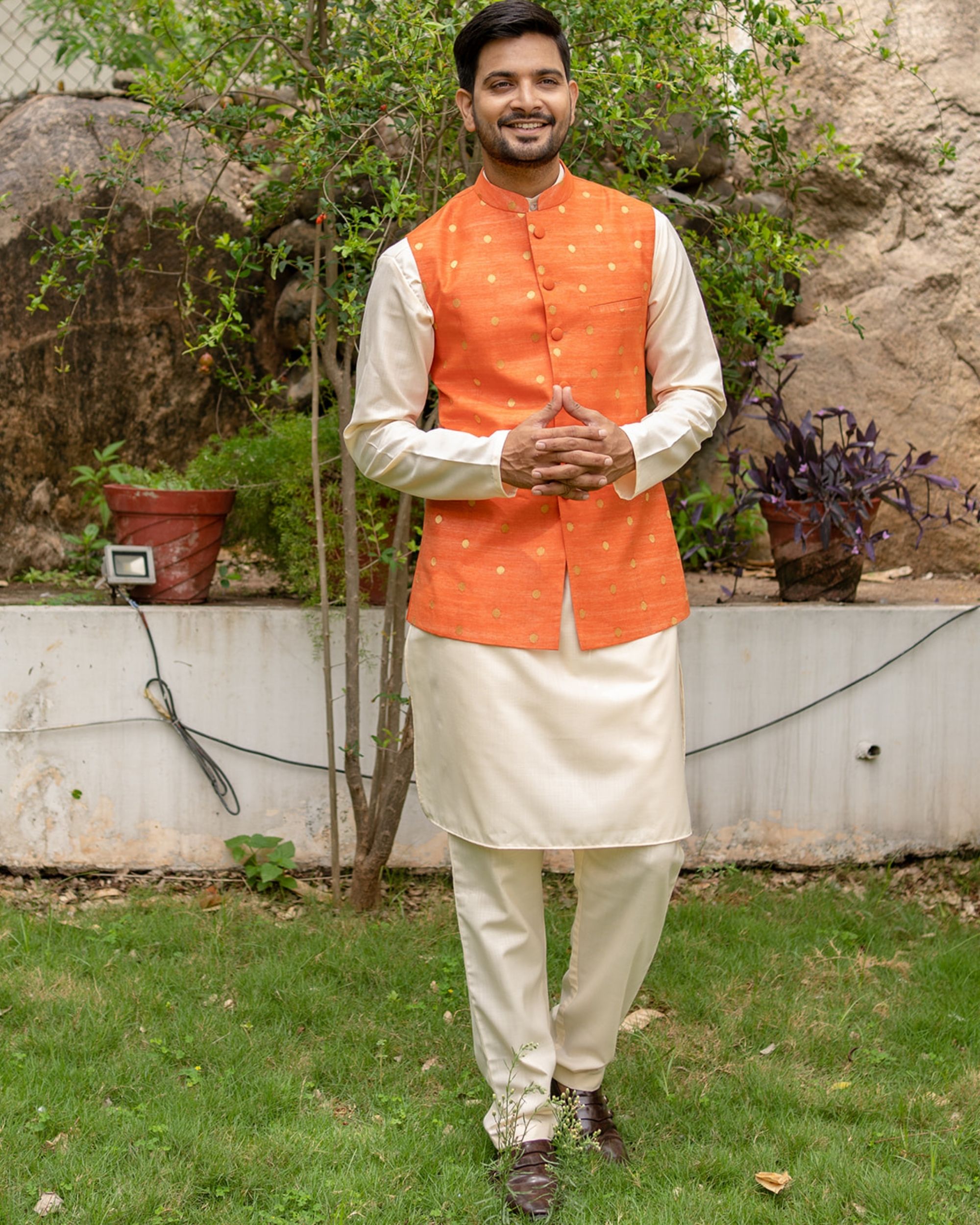 Orange chanderi cotton polka dotted nehru jacket with off white kurta and pyjama - set of three