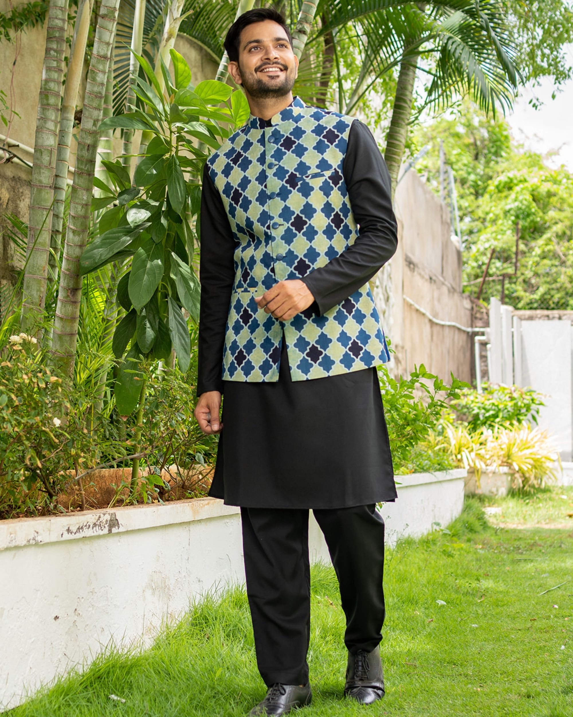 Blue and black abstract nehru jacket