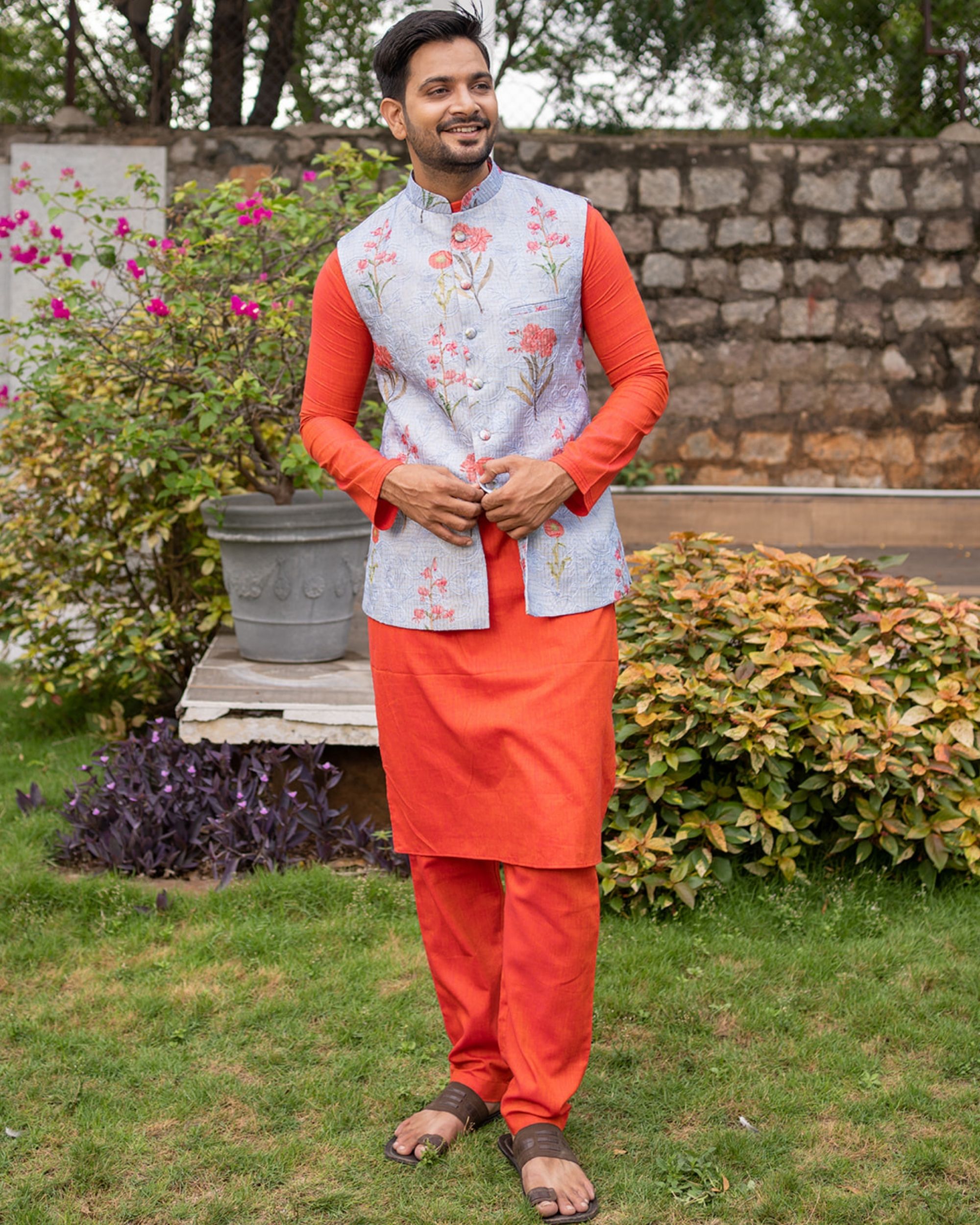 Blue kota embroidered nehru jacket with orange kurta and pyjama - set of three