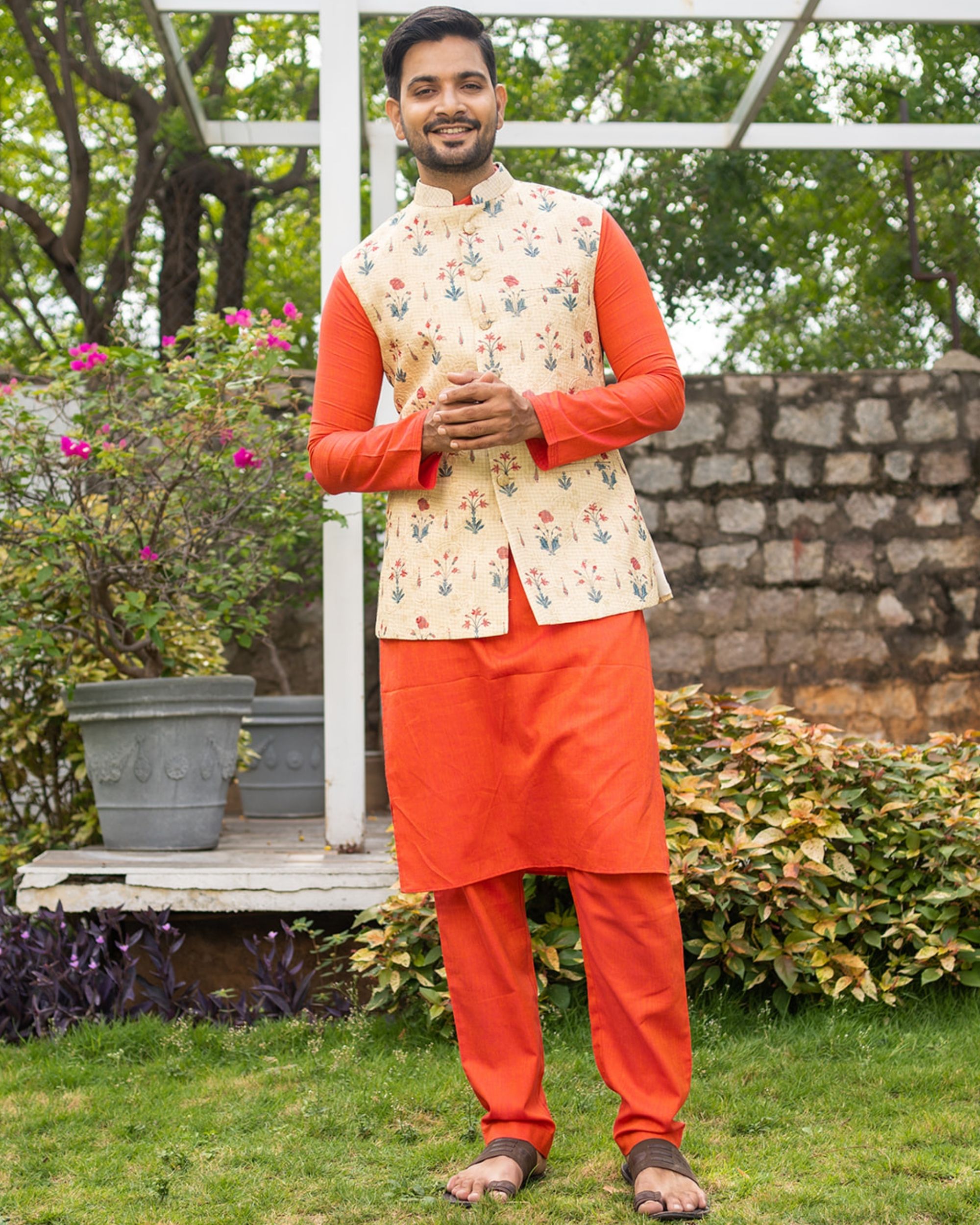 Beige kota embroidered nehru jacket with orange kurta and pyjama - set of three