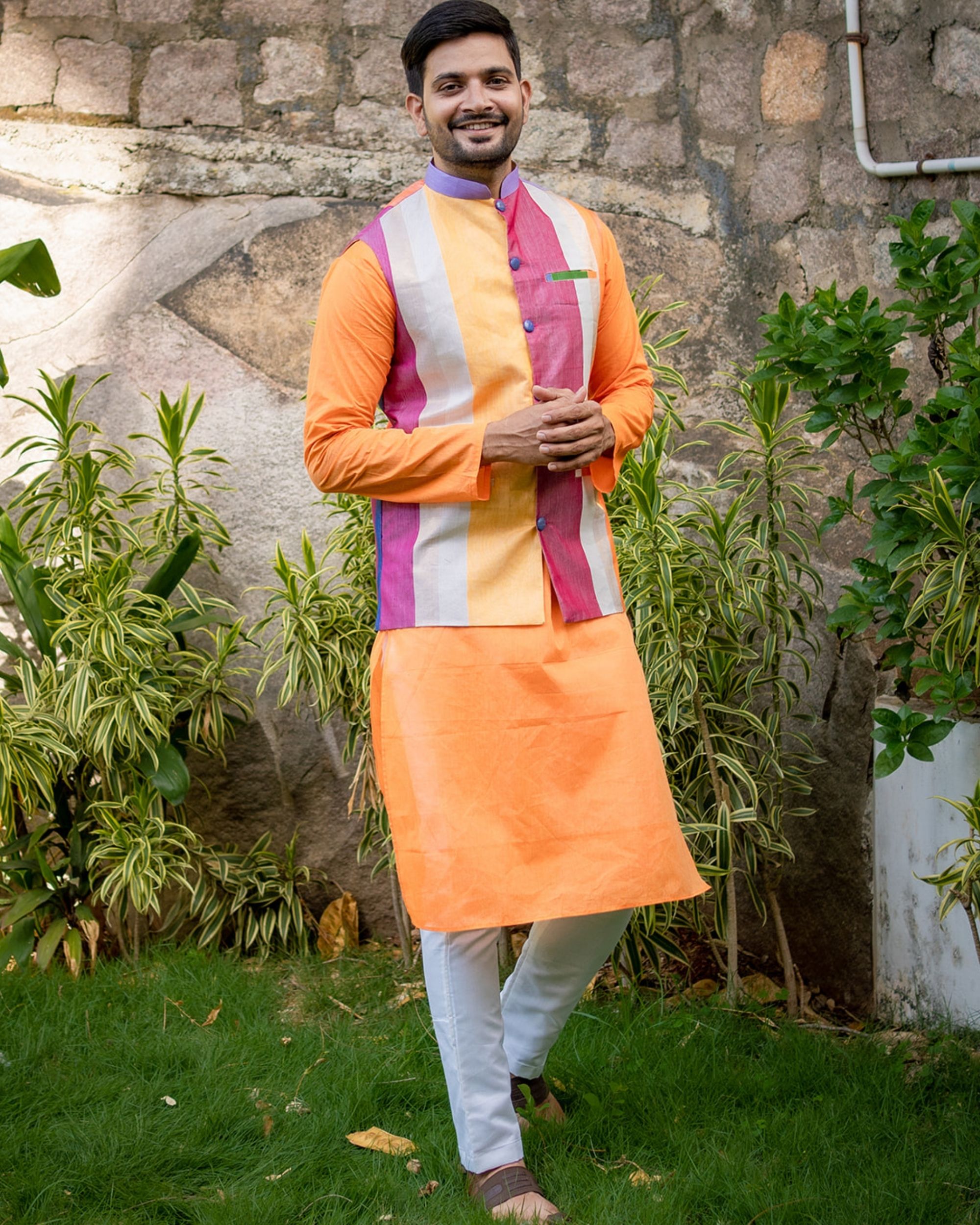 Orange kurta and off white pyjama with multi color nehru jacket - set of three
