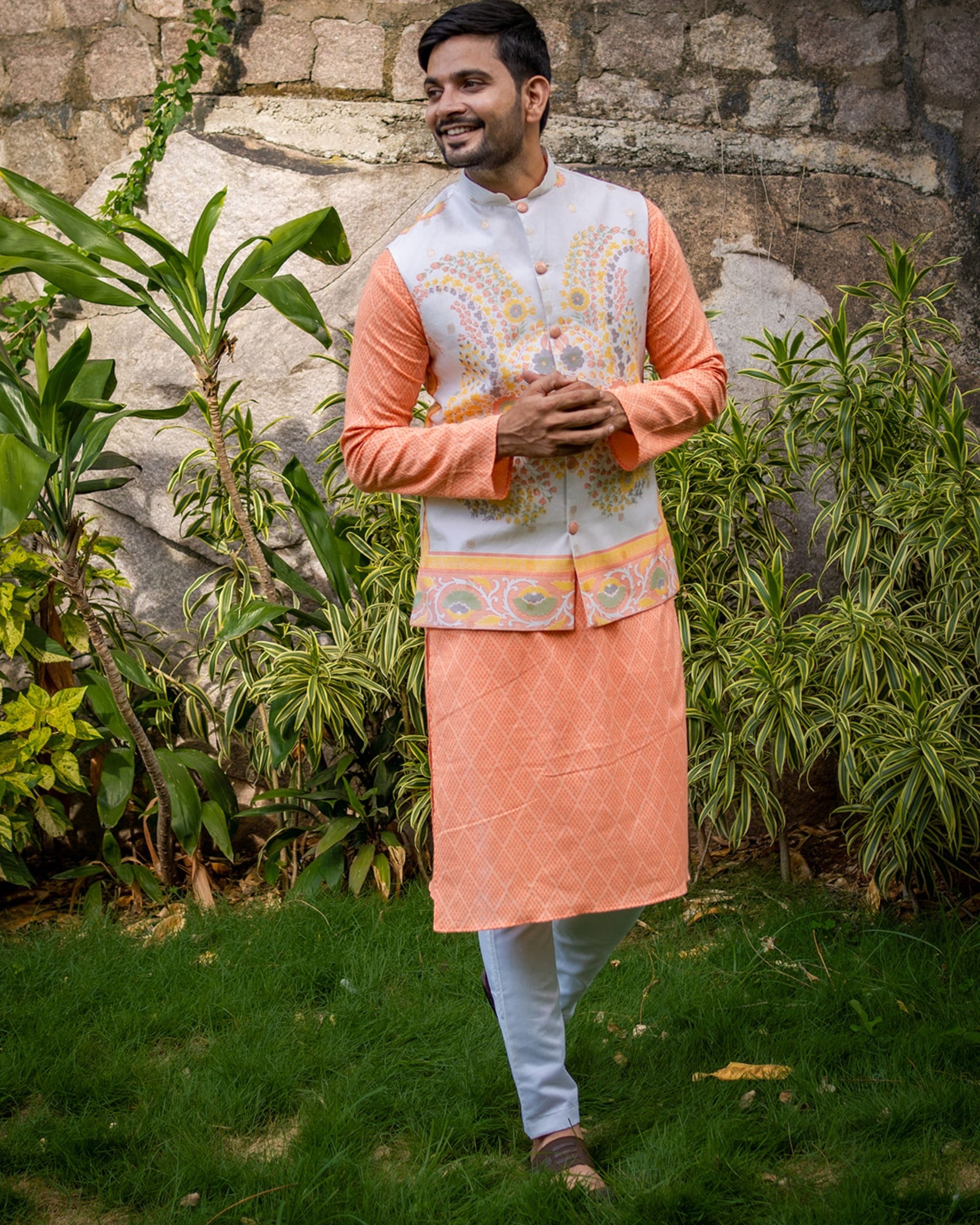 Peach kurta and off white pyjama with printed nehru jacket - set of three