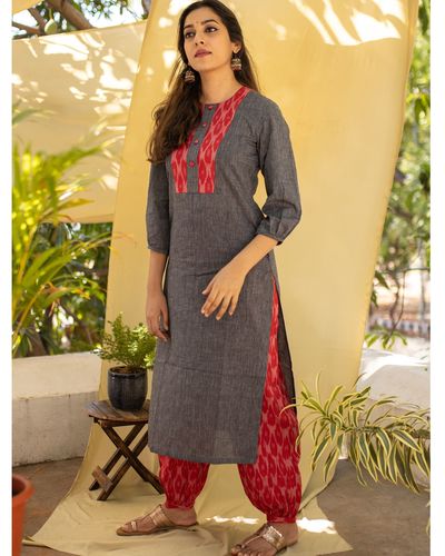 Grey ikkat paneled kurta and red ikkat pants - set of two by Kundavai ...