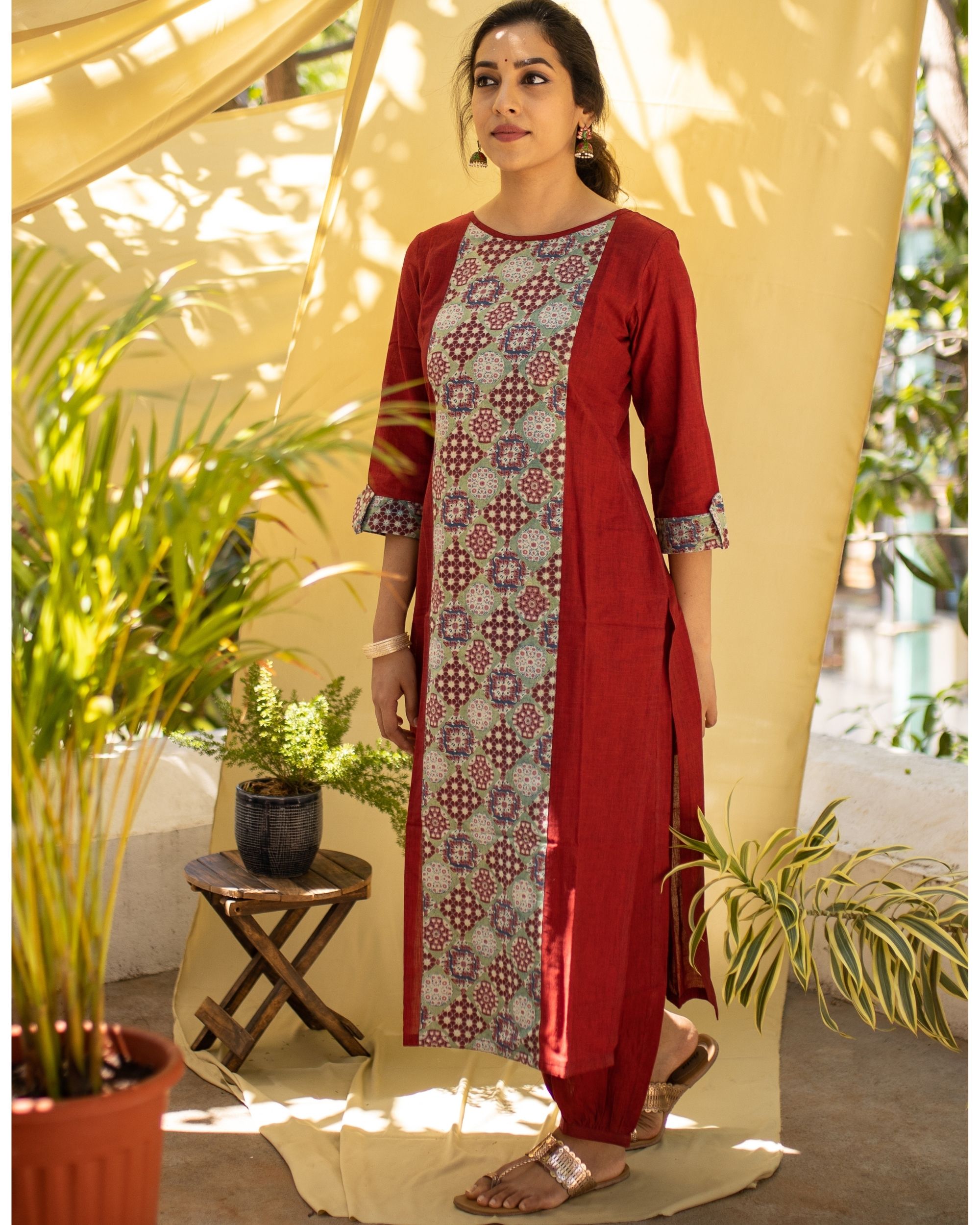 Maroon ajrakh paneled kurta and afgan pants - set of two by Kundavai ...