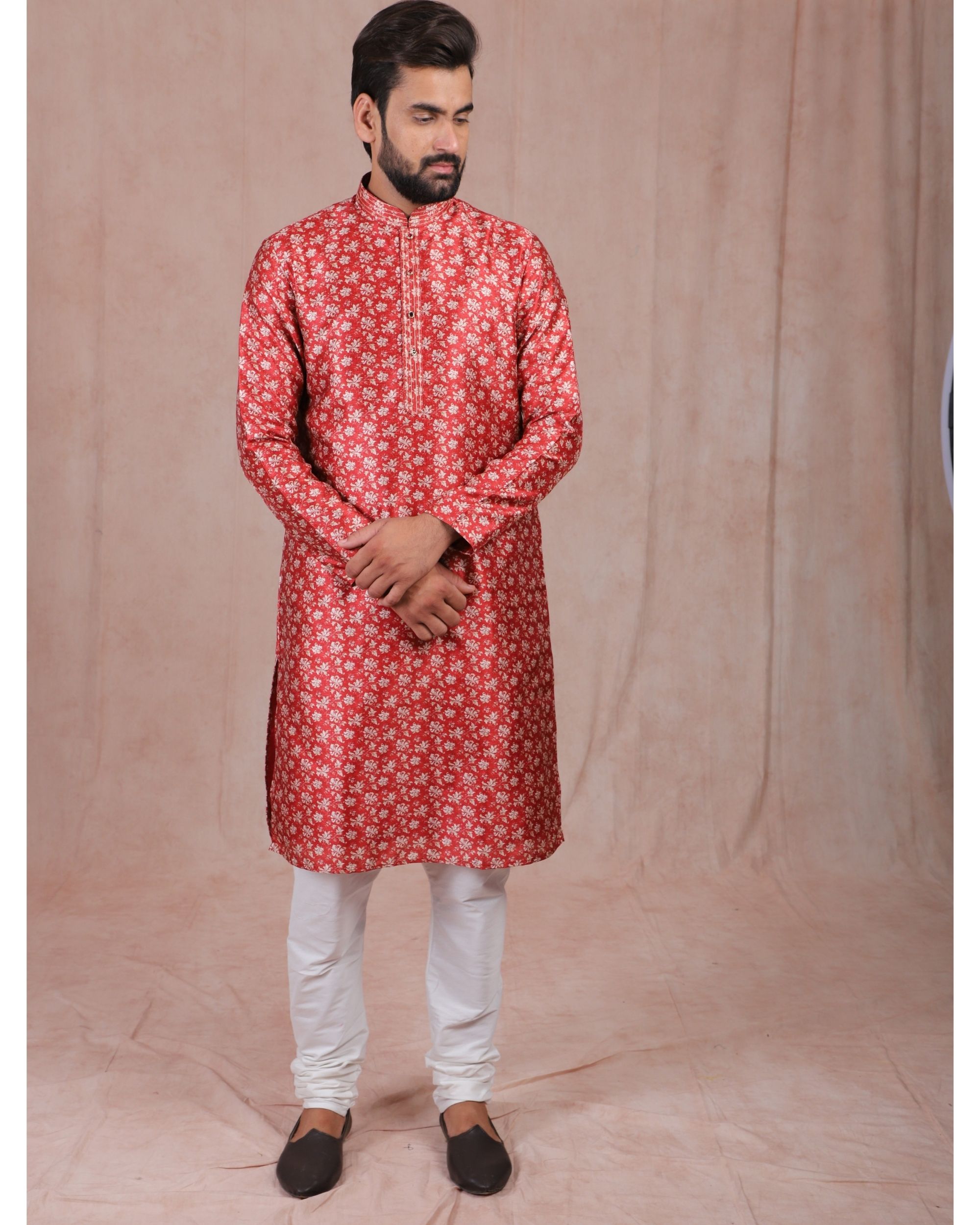 Cherry red floral printed kurta with churidar set - set of two