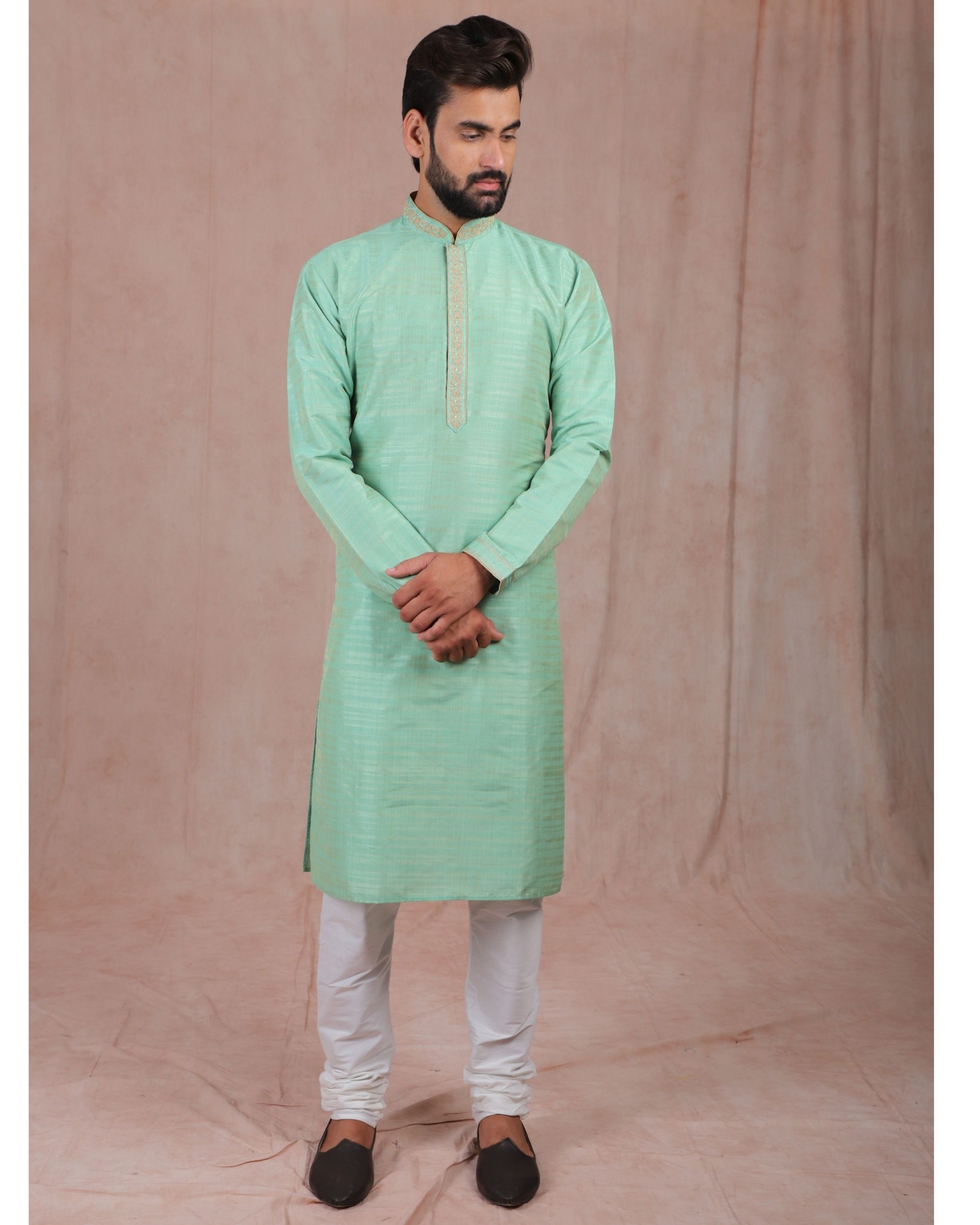 Parrot green embroidered kurta with churidar - set of two