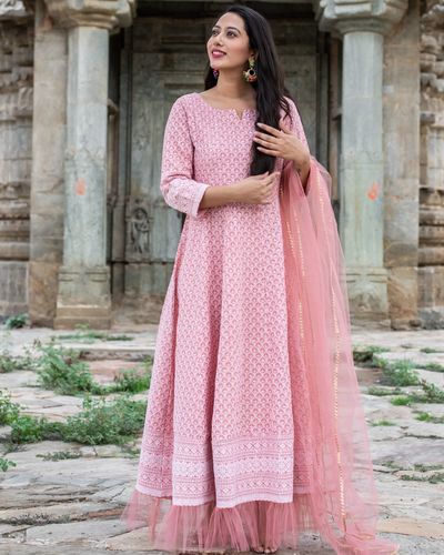 Mauve lucknowi chikankari dress with bijiya work net dupatta - set of ...