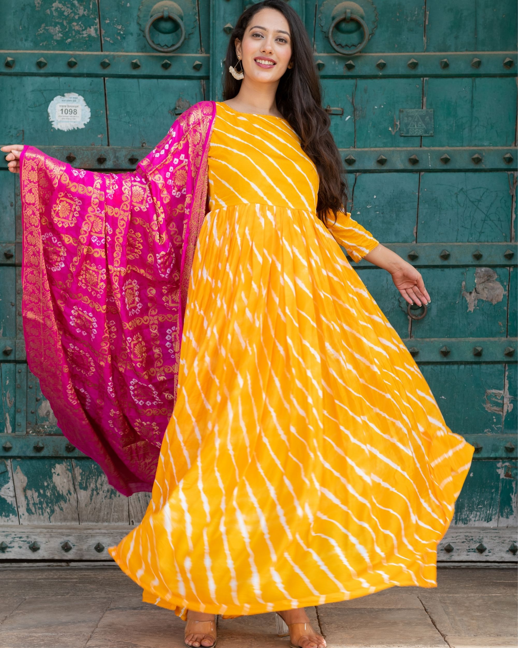Yellow leheriya upada silk dress with ...