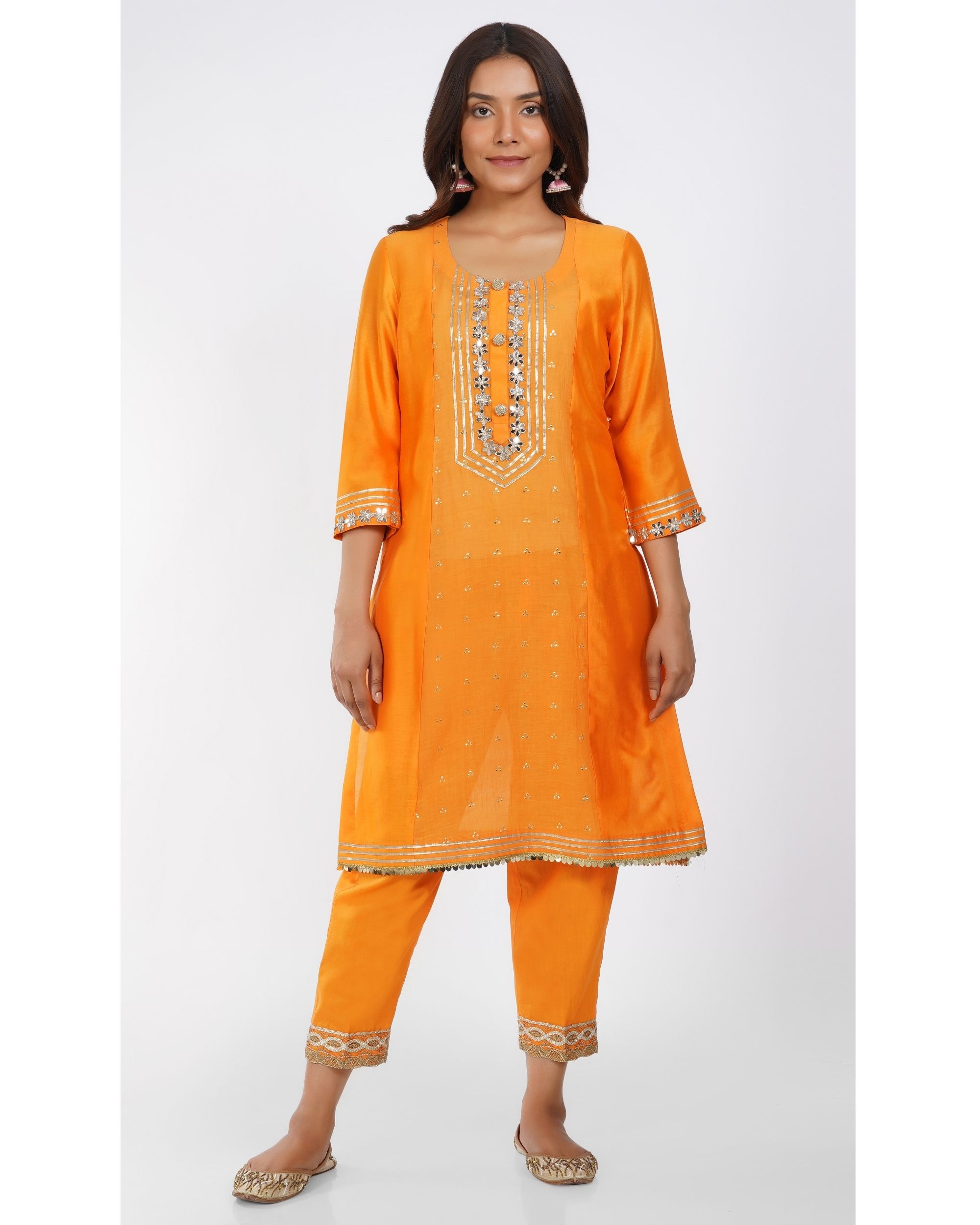 Bright orange chanderi kurta and cotton lace pants - set of two