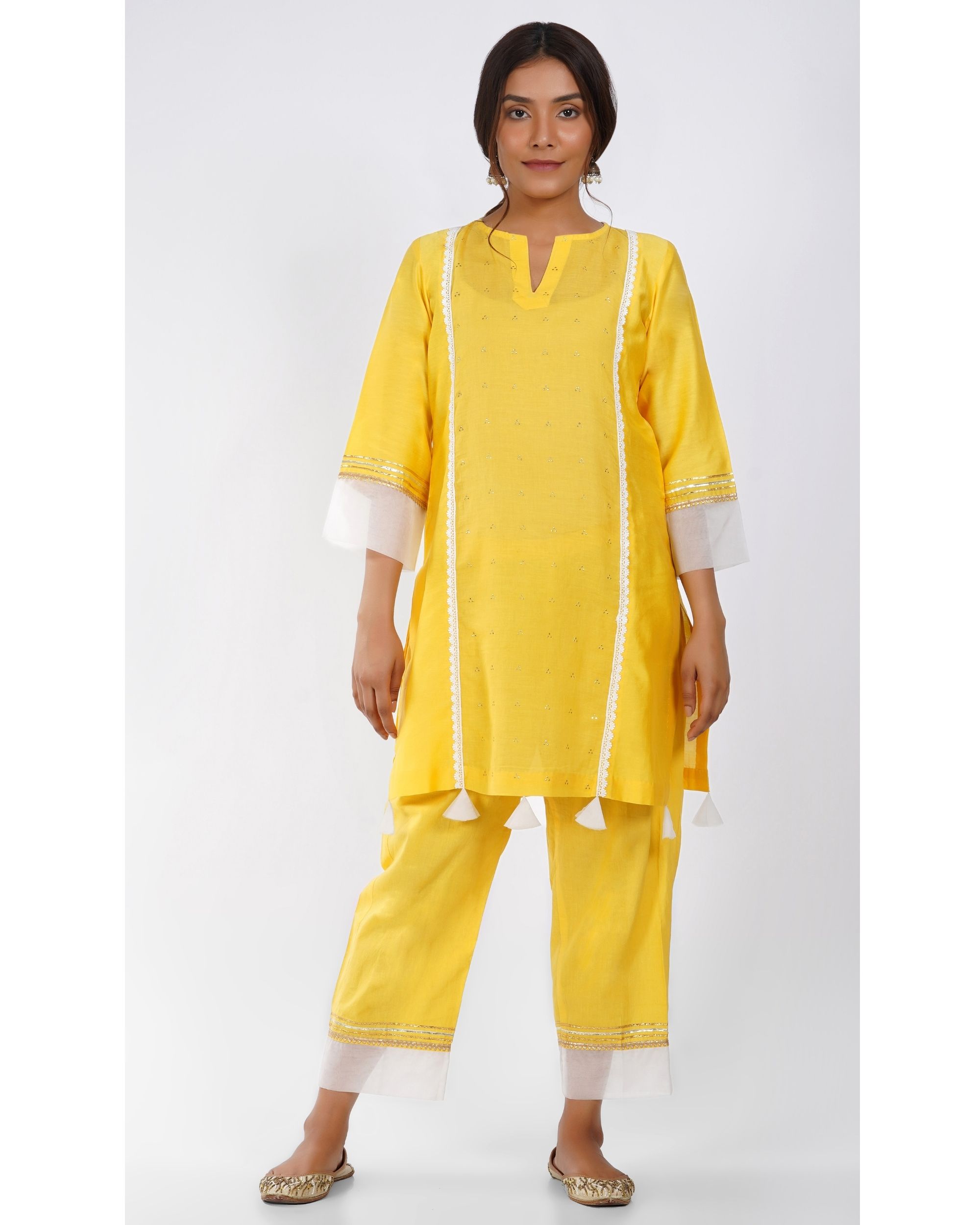 Yellow paneled tassle kurta with pants - set of two