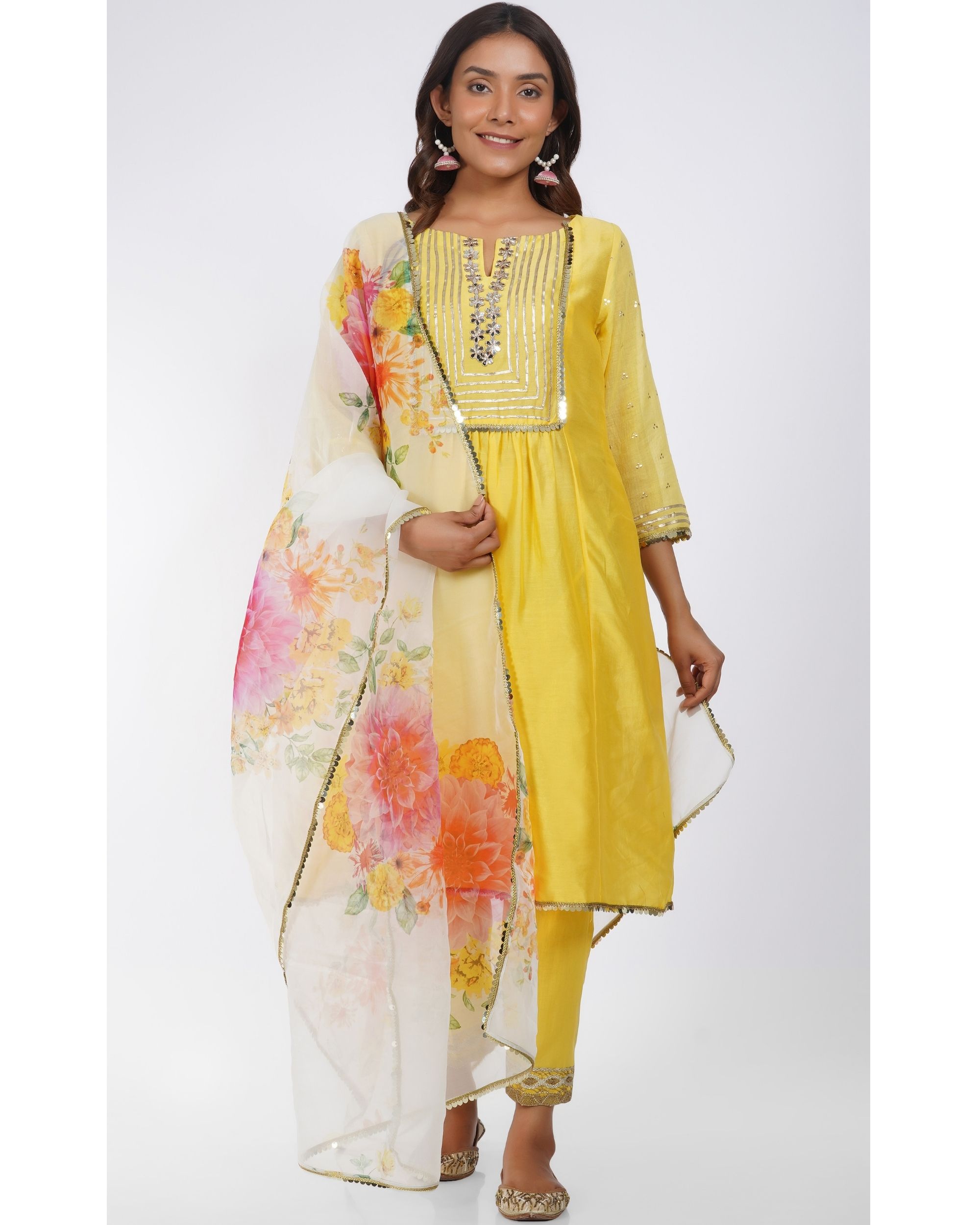 Sunflower yellow lace kurta and pants with organza floral dupatta  - set of three