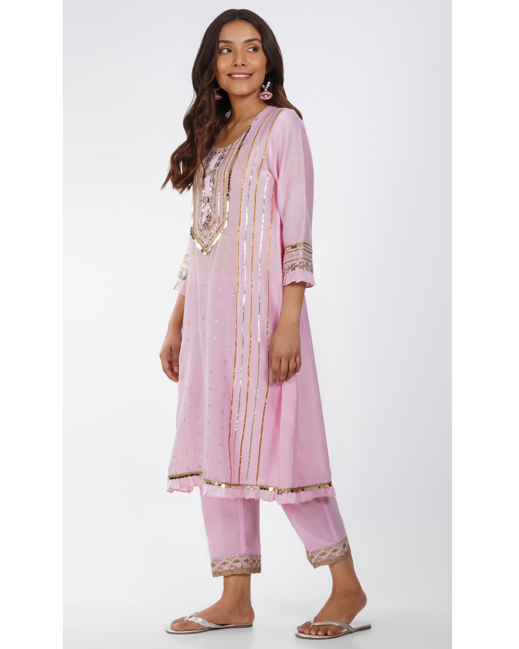 Light pink gota kurta with lace pants - set of two