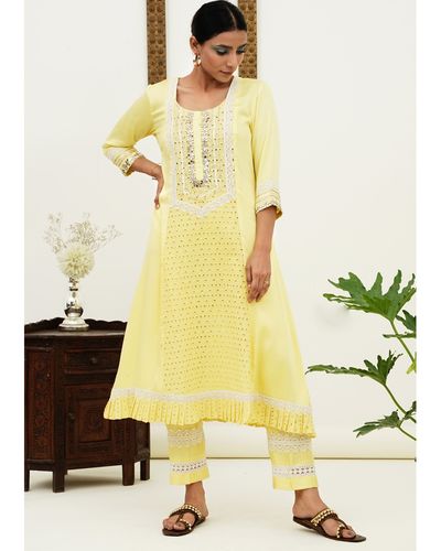 Yellow Chikan Pricess Cut Kurta And Pants Set Of Two By Mehbel The