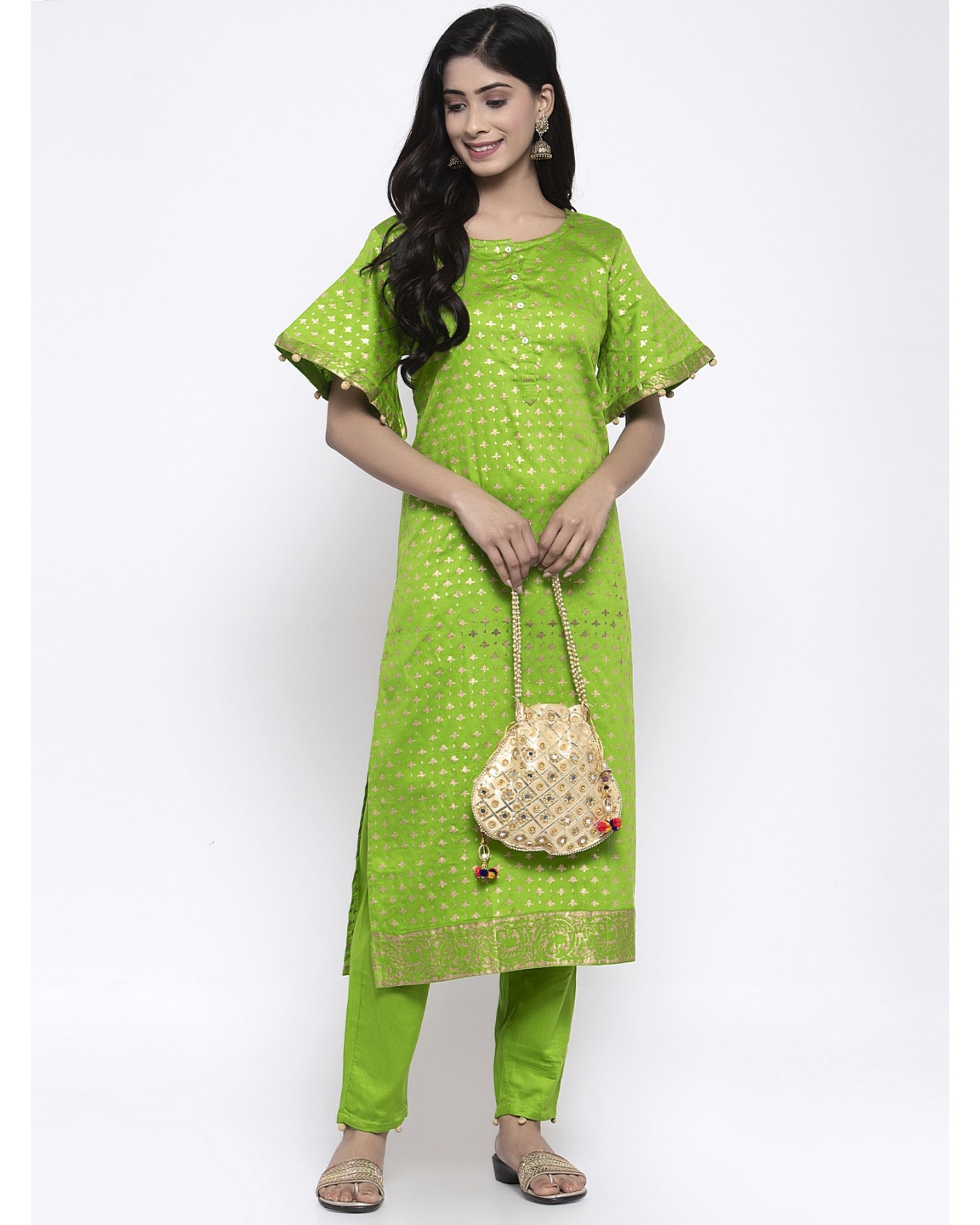Parrot green printed kurta with pants - set of two by Free Living | The ...