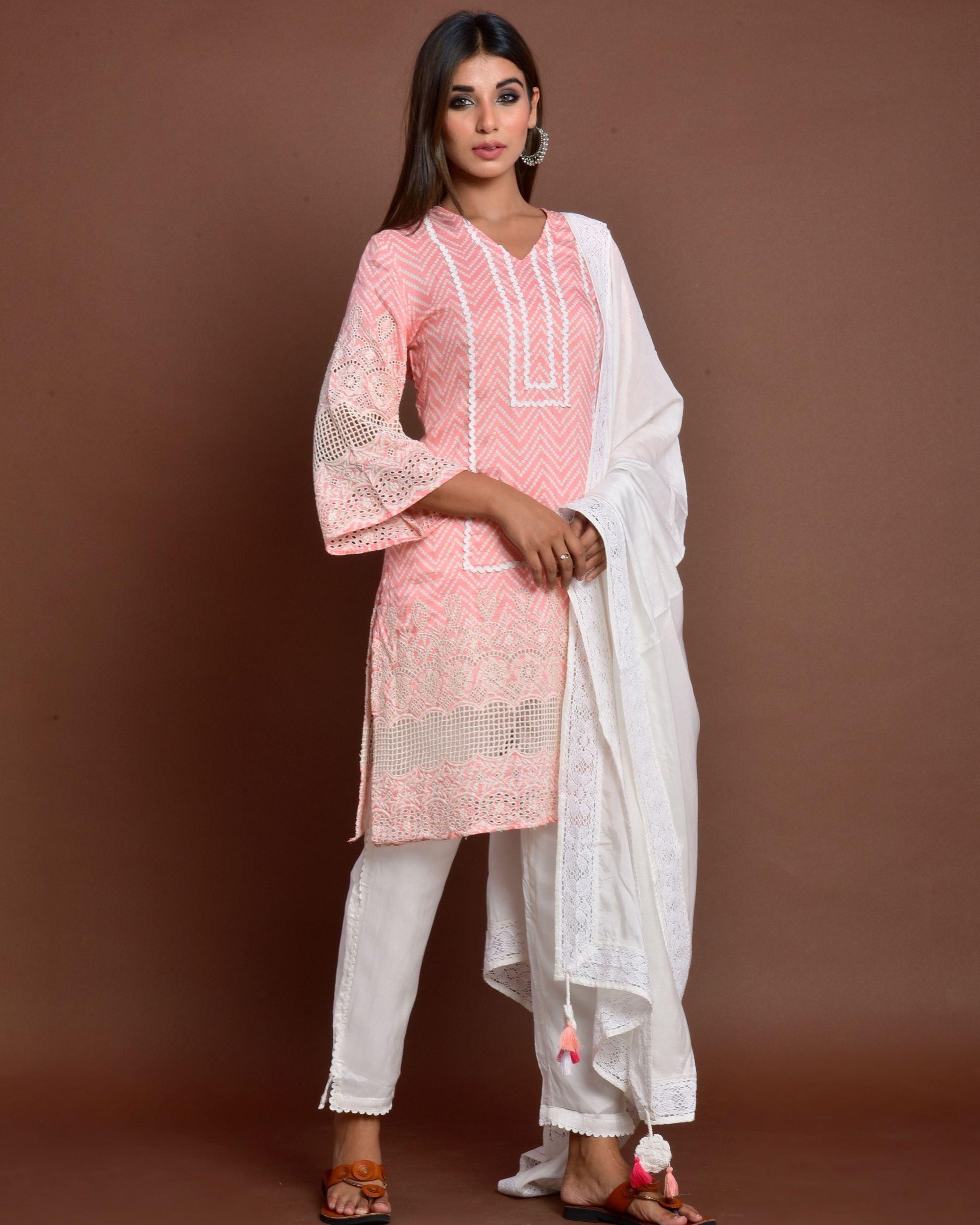 Pink cutwork embroidered lace kurta with off white pants and dupatta - set of three