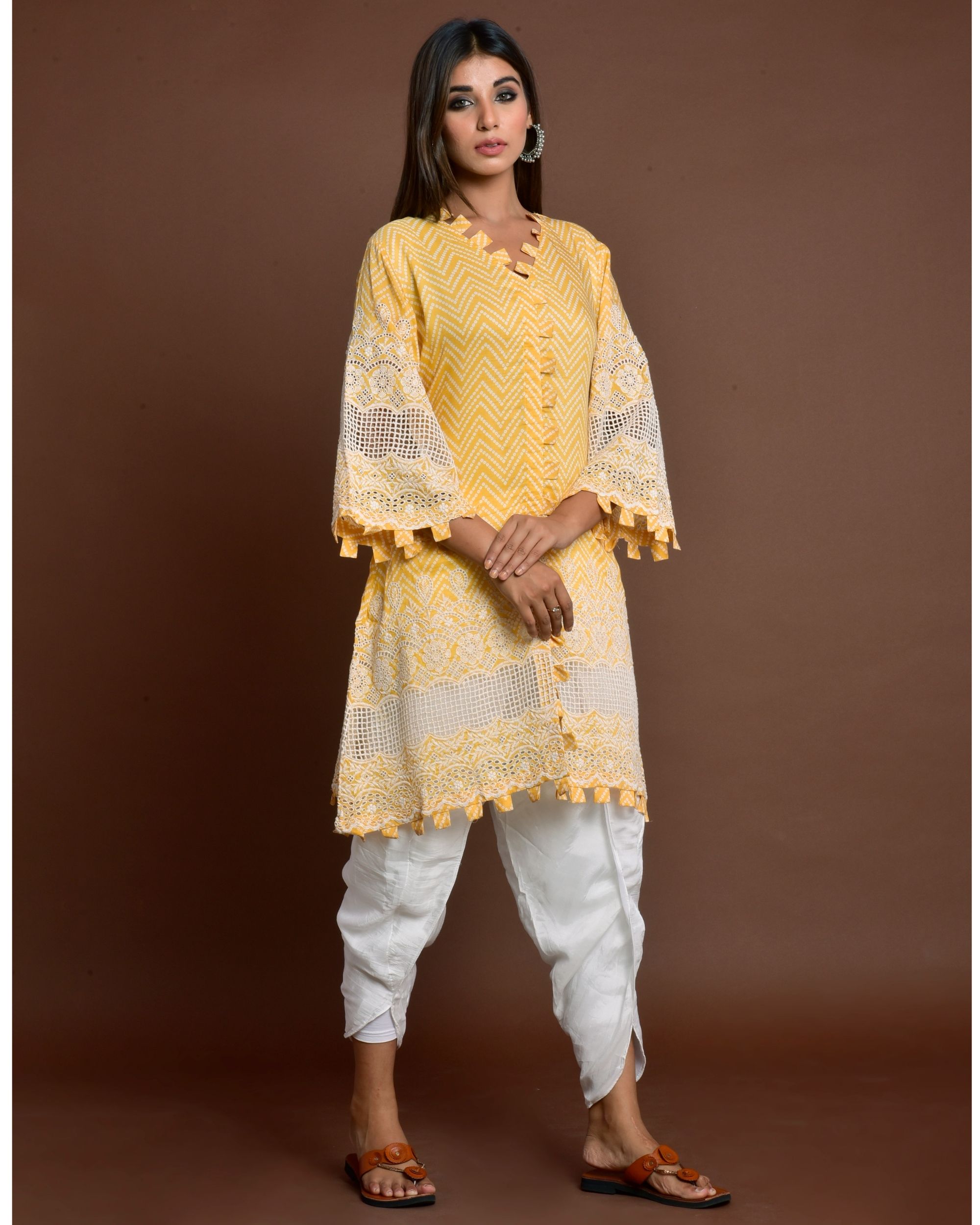 Yellow cutwork embroidery kurta and off white tulip pants - set of two
