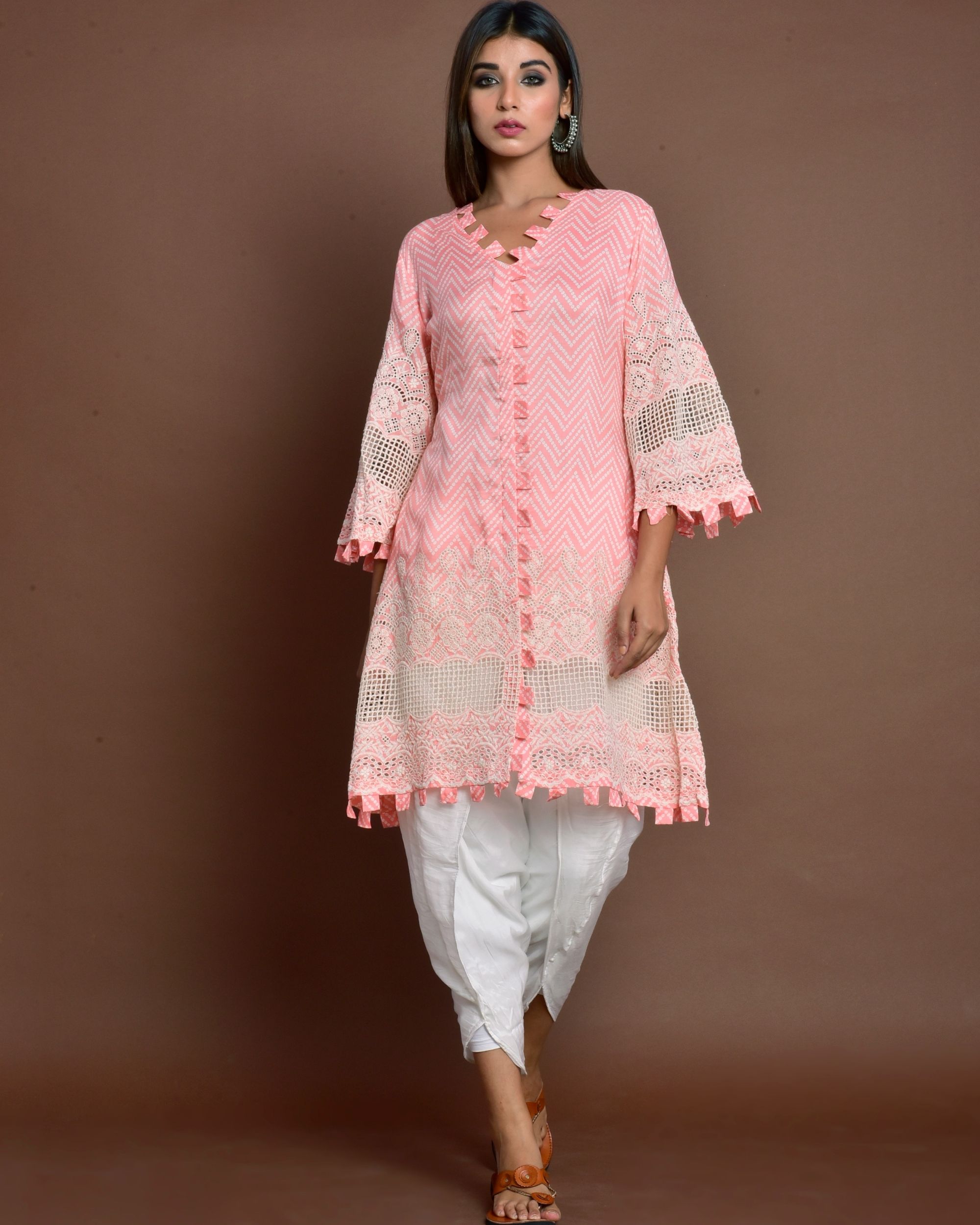 Pink cutwork embroidery kurta and off white tulip pants - set of two