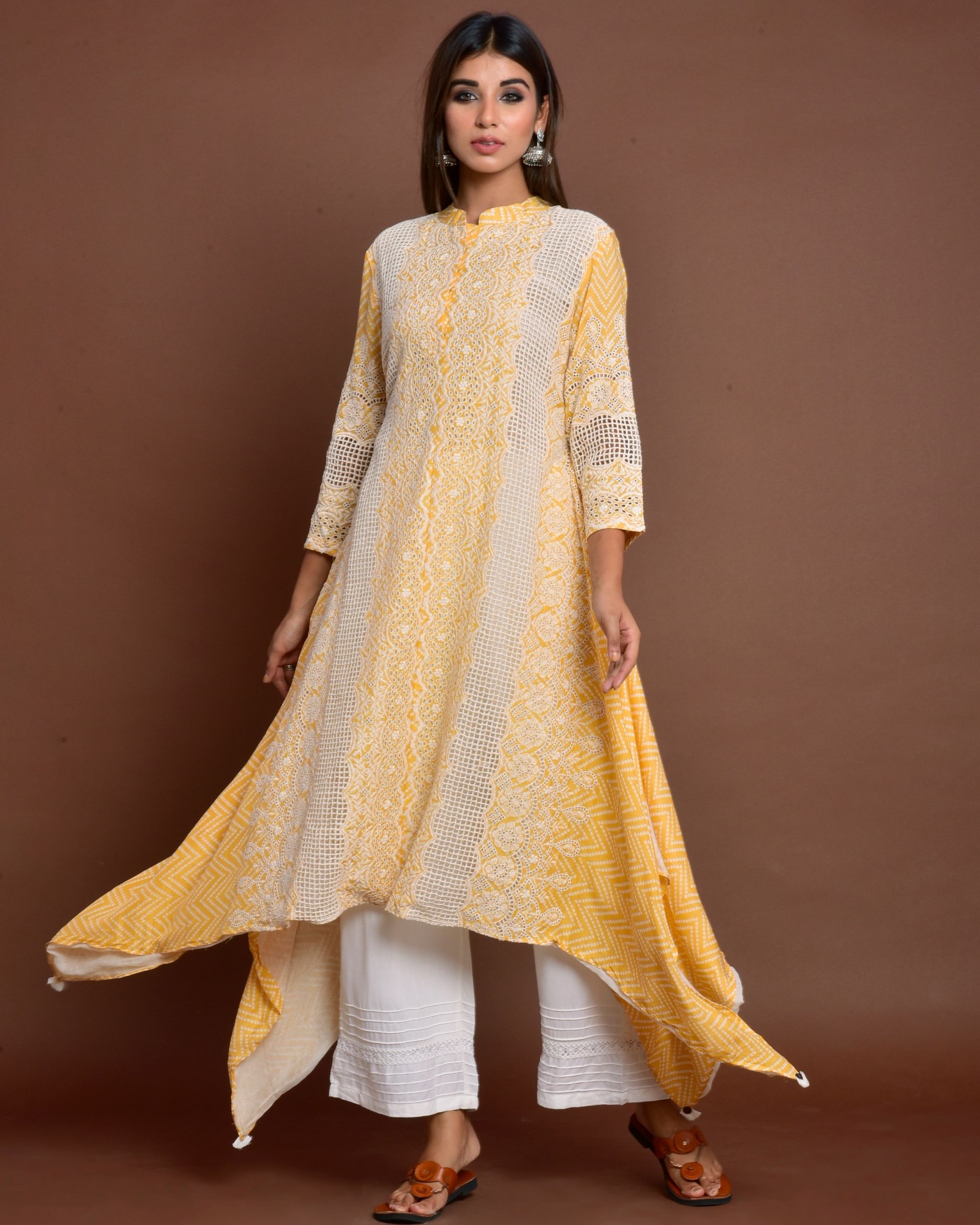 Yellow cutwork embroidered high low kurta and off white lace pin tuck palazzo - set of two