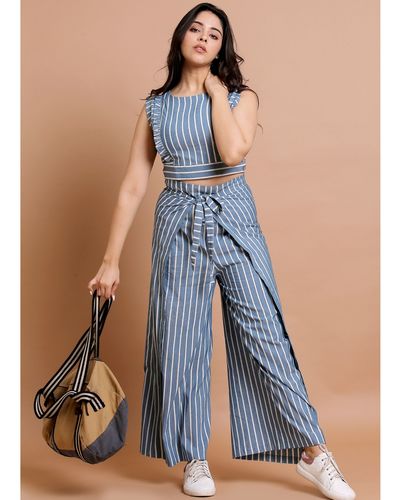 Blue striped frill crop top and wrap around palazzo  set of two by Pooja  Zaveri  The Secret Label