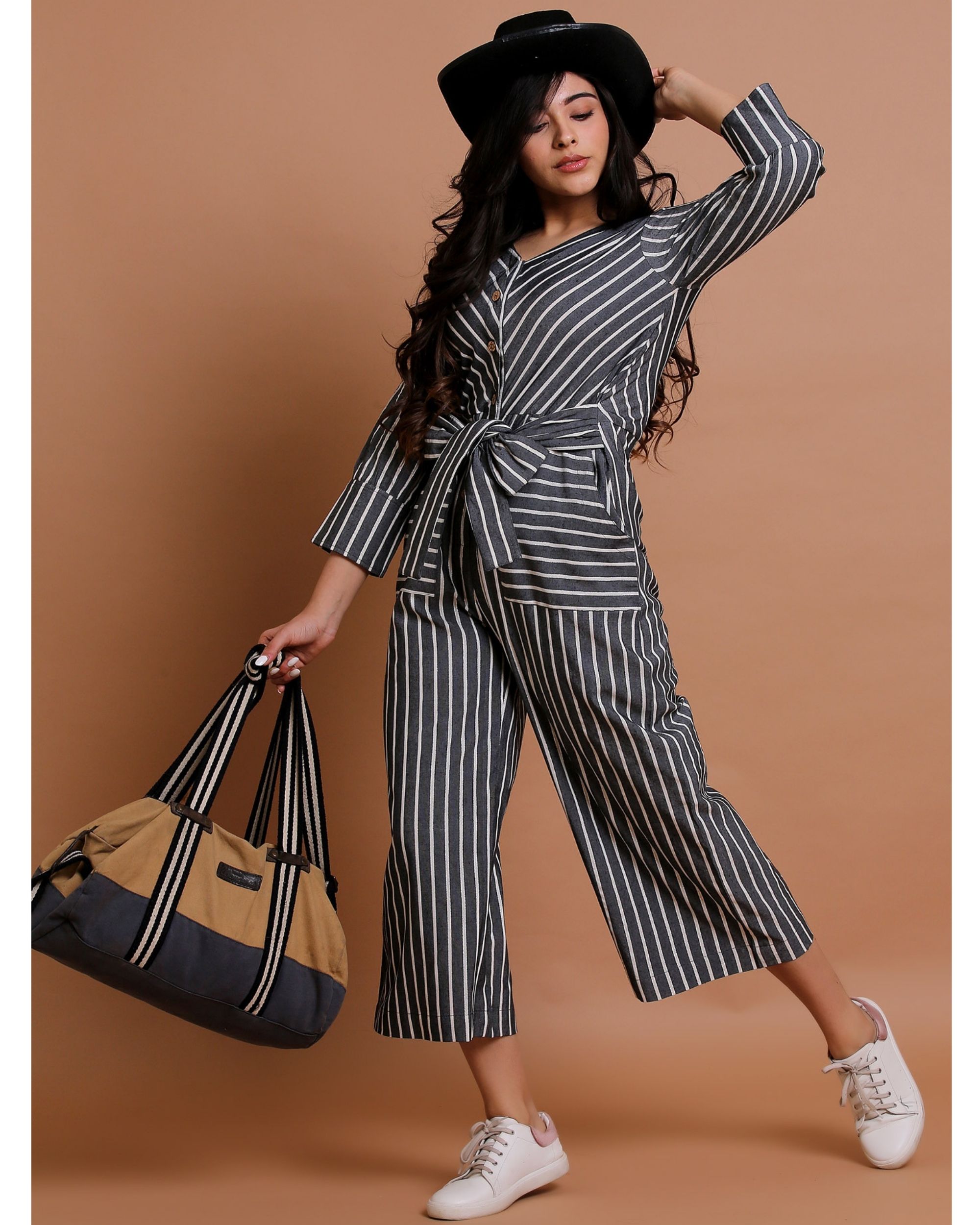Grey striped jumpsuit with pockets