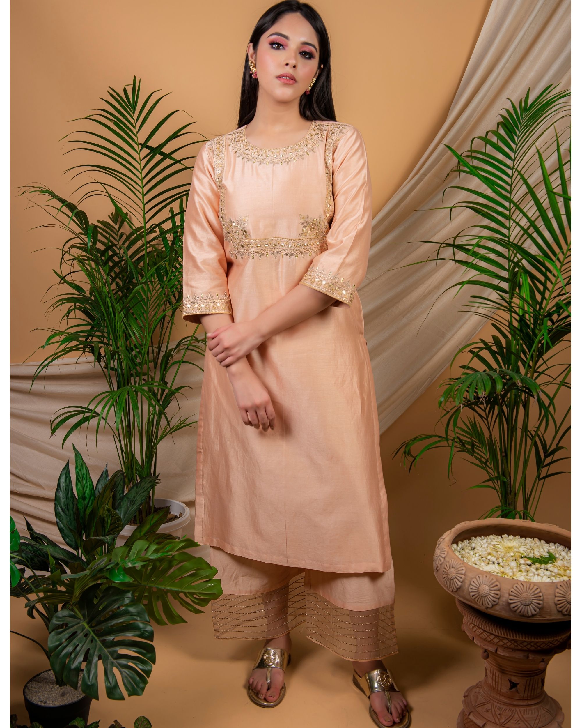 Catalog Fashion Mart » Vink olive 100% Handloom Chanderi kurti with palazzo  wholesaler