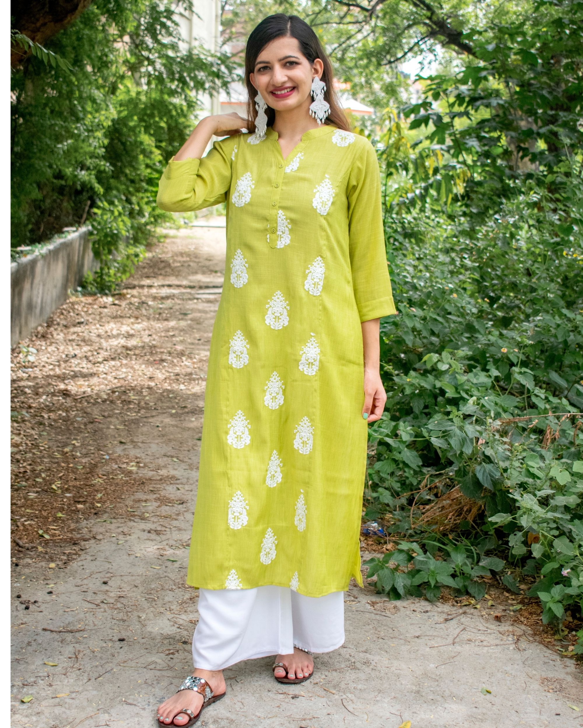 Green embroidered kurta with palazzo - set of two