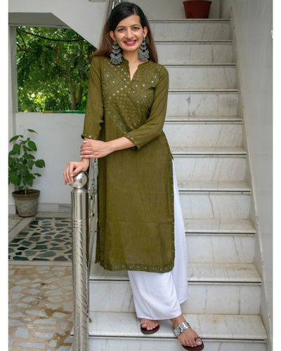 Olive green mirror embroidered kurta by Half Full Half Empty | The ...