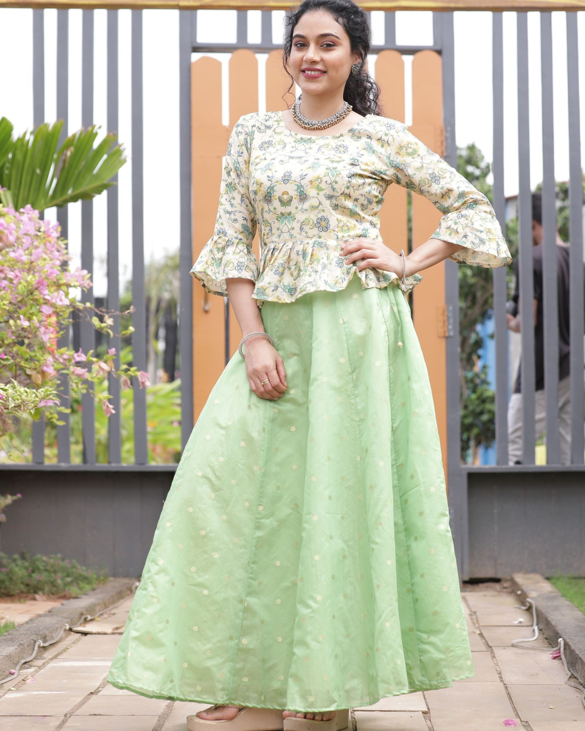Beige floral peplum top and green chanderi skirt - set of two